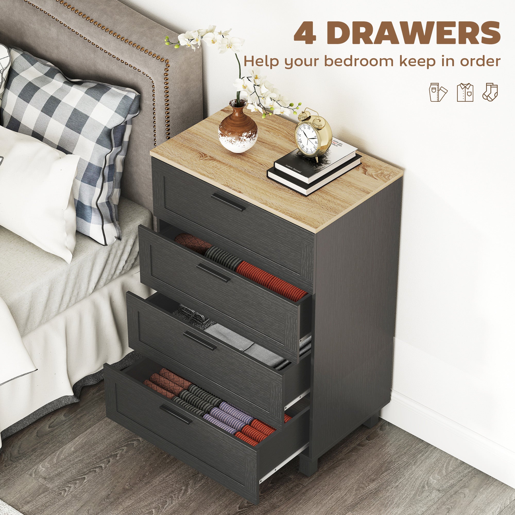 Taylor Chest for Bedroom with 4 Drawers, Chest of Drawers with Solid Wood Legs for Closet, Living Room, Entryway, Black