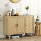 Quinn Bohemian Sideboard, 46.9" Buffet Cabinet with 3 Rattan Doors and Shelves for Living Room, Hallway, Oak