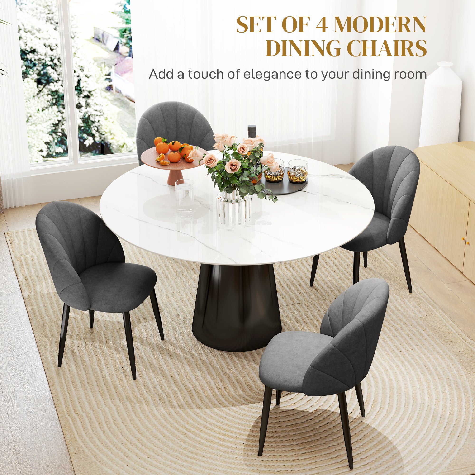 Skylar Modern Dining Chairs Set of 4, Upholstered Dining Room Chairs with Metal Legs, Shell Backrest, Padded Seat, Dark Grey