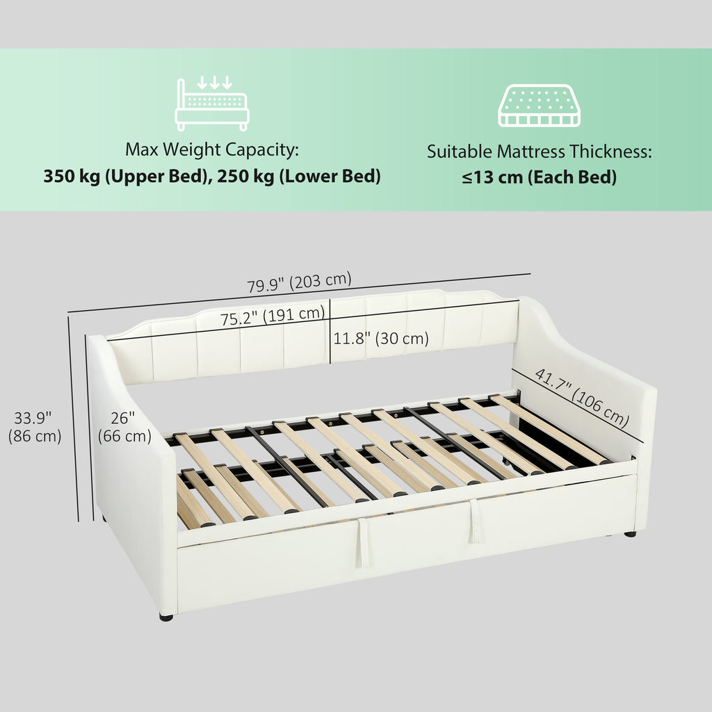 Atlas Upholstered Twin Trundle Bed, Extendable Twin to King Day Bed with Headboard and Armrests-Cream White