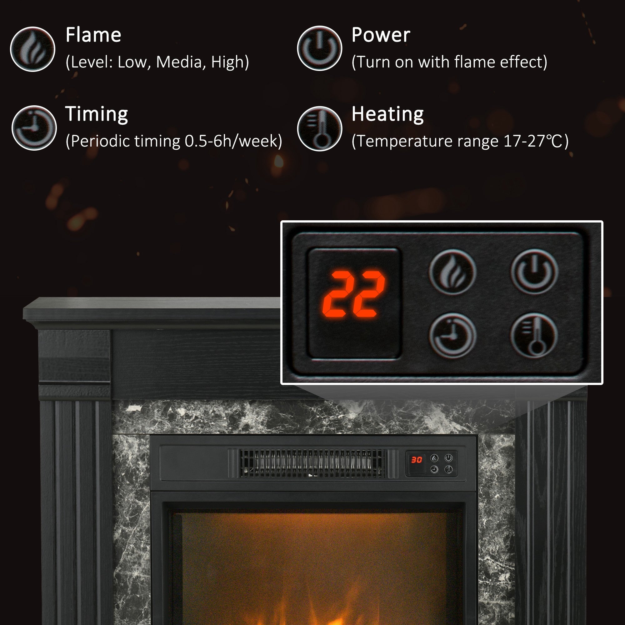 Easton electric fireplace mantel control panel displaying settings for flame, power, timing, and heating temperature.
