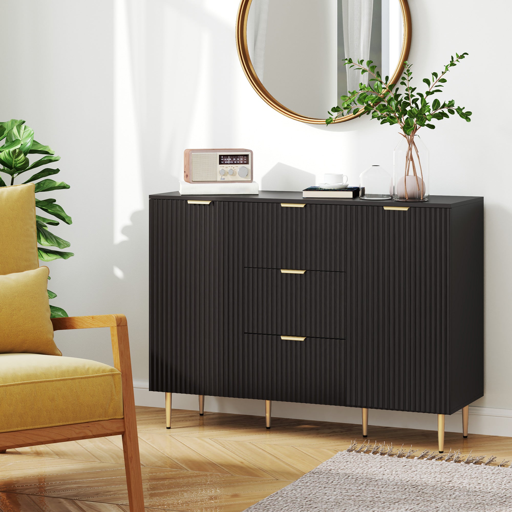 Ellis Modern Kitchen Storage Cabinet, Sideboard Buffet Cabinet w/ 3 Drawers and Adjustable Shelves for Kitchen Hallway, Black