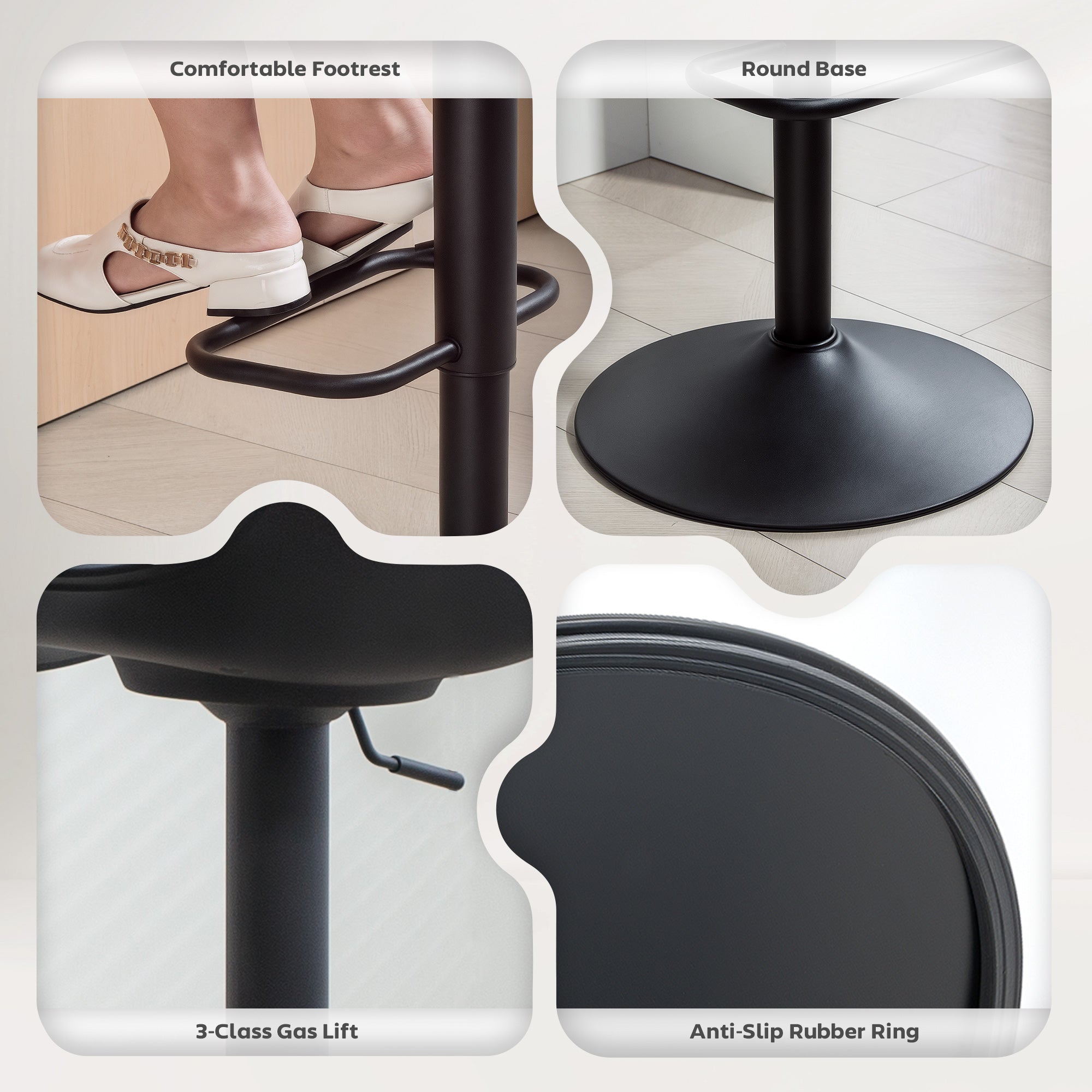 Zee Counter Height Bar Stools Set of 2, Streamlined Bar Chairs with Adjustable Height and Swivel PU Leather Seat, Black