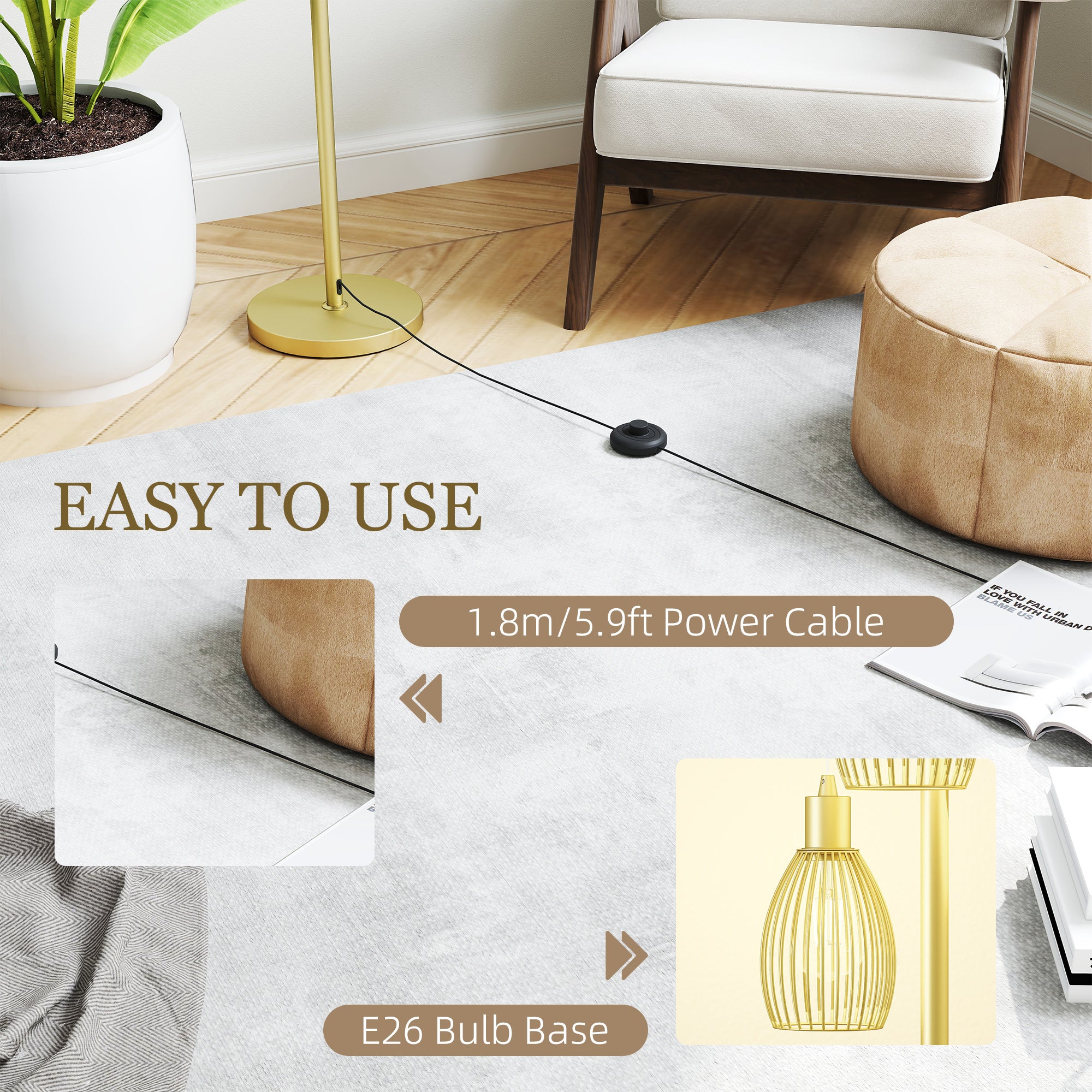 Carmen Dimmable Floor Lamp with 3 Hanging Wire Lampshades-Gold