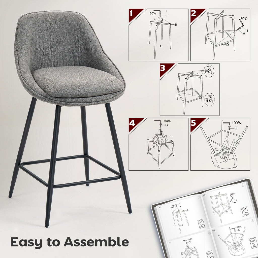 Reece 26" Counter Height Barstools Set of 2, Upholstered Swivel Bar Stools with Backrests and Armrests, Dark Grey