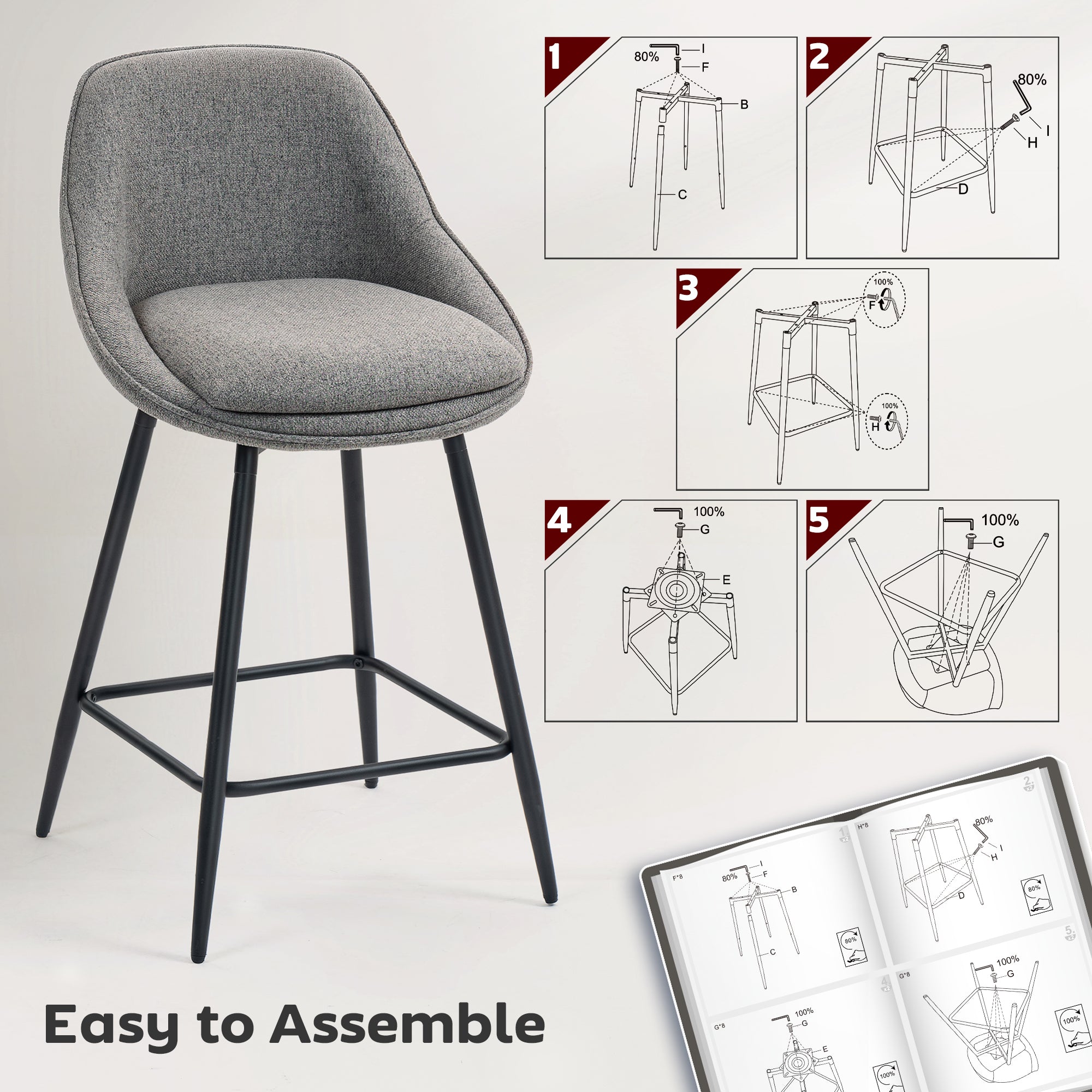 Reece 26" Counter Height Barstools Set of 2, Upholstered Swivel Bar Stools with Backrests and Armrests, Dark Grey