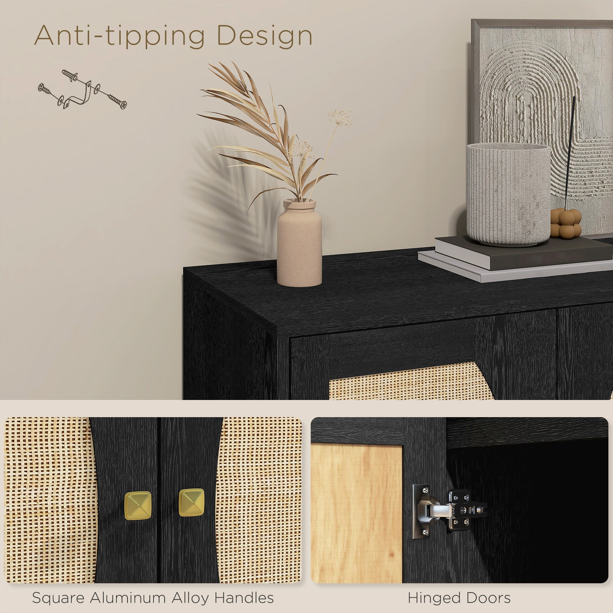 Sage 32" Boho Hallway Cabinet with Rattan Front and Adjustable Shelves-Black