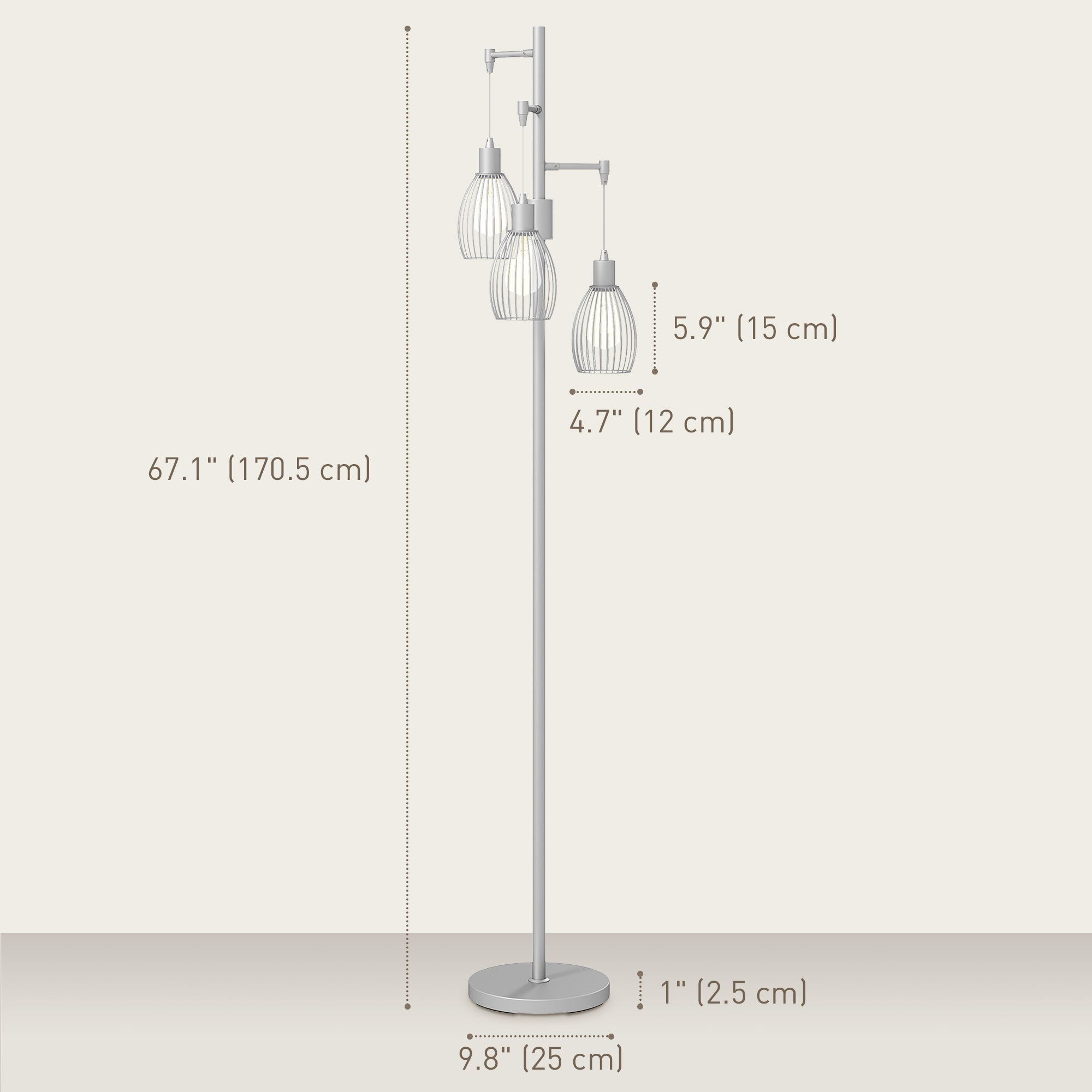 Carmen Dimmable Floor Lamp with 3 Hanging Wire Lampshades-Silver
