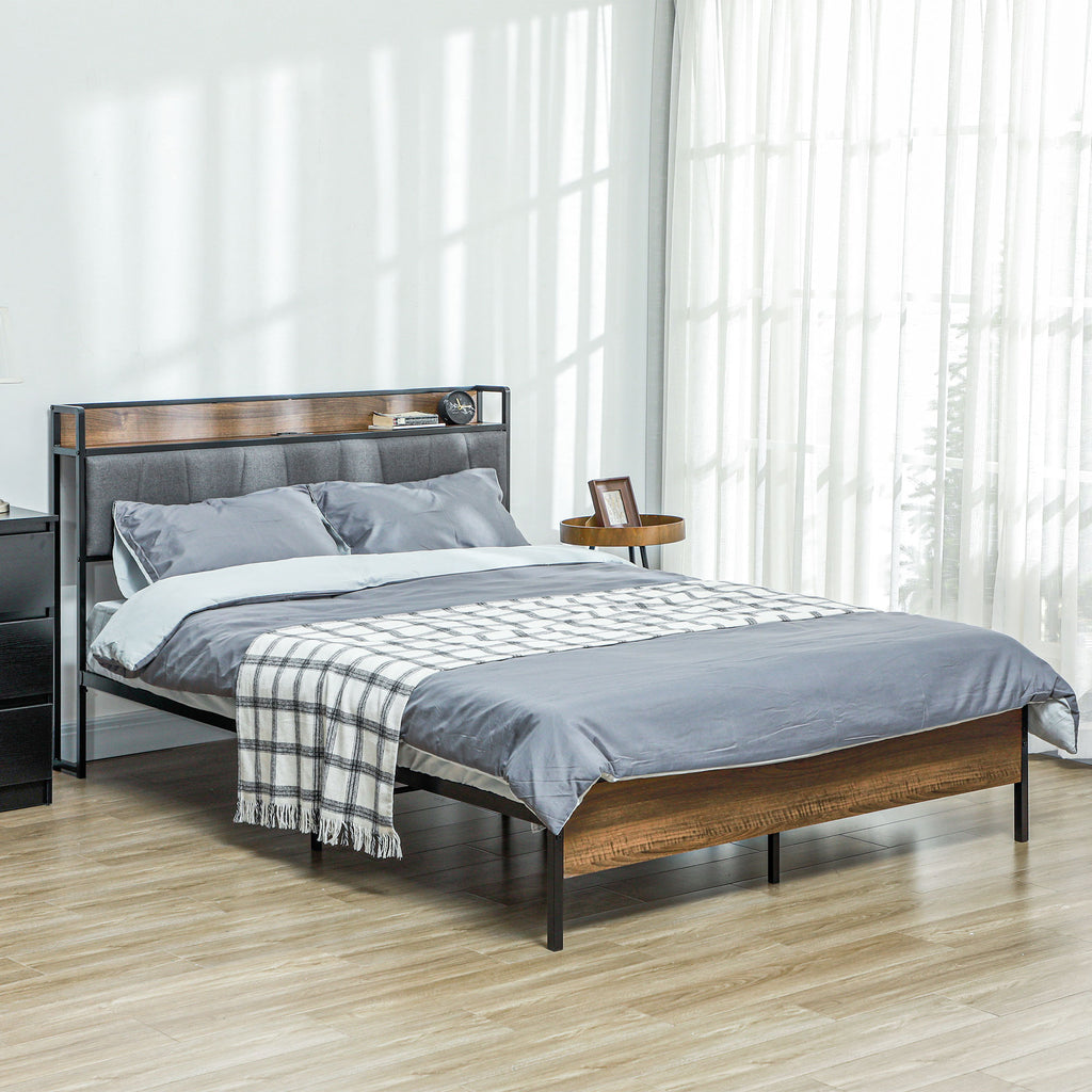 Robin Queen Size Bed Frame with Charging Station, Queen Bed Frame with Upholstered Headboard and Storage Shelf, Walnut