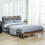 Robin Queen Size Bed Frame with Charging Station, Queen Bed Frame with Upholstered Headboard and Storage Shelf, Walnut