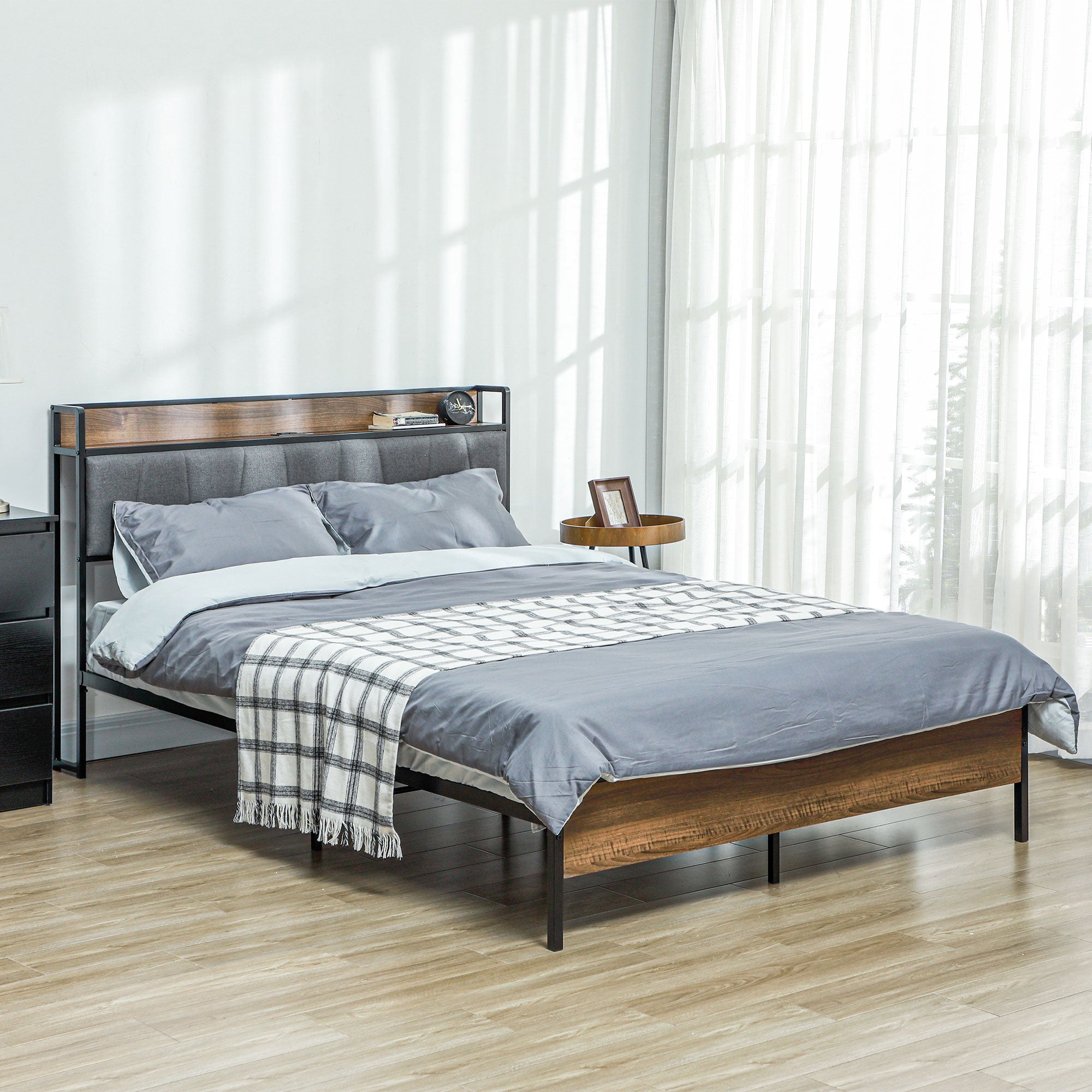 Robin Queen Size Bed Frame with Charging Station, Queen Bed Frame with Upholstered Headboard and Storage Shelf, Walnut
