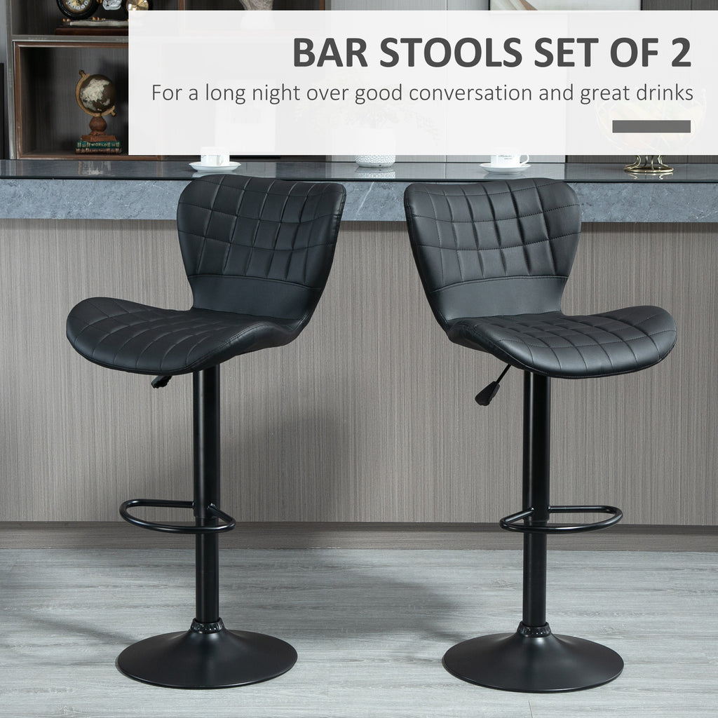 Avion Bar Stools Set of 2, Adjustable Height Swivel Bar Chairs, PU Leather Upholstered Kitchen Counter Stools with Wide Seat, Back and Footrest, Black