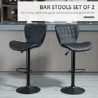 Avion Bar Stools Set of 2, Adjustable Height Swivel Bar Chairs, PU Leather Upholstered Kitchen Counter Stools with Wide Seat, Back and Footrest, Black