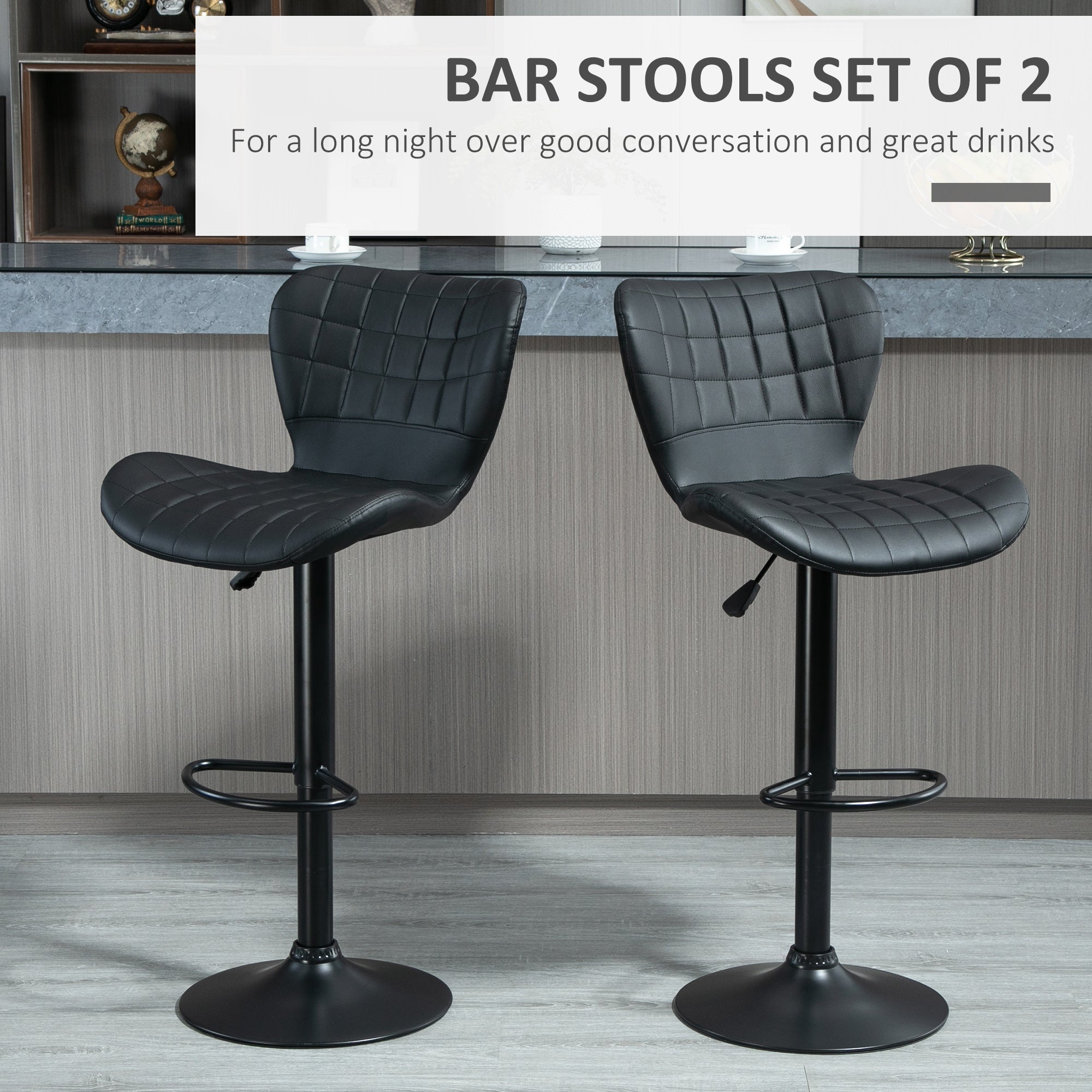 Avion Bar Stools Set of 2, Adjustable Height Swivel Bar Chairs, PU Leather Upholstered Kitchen Counter Stools with Wide Seat, Back and Footrest, Black