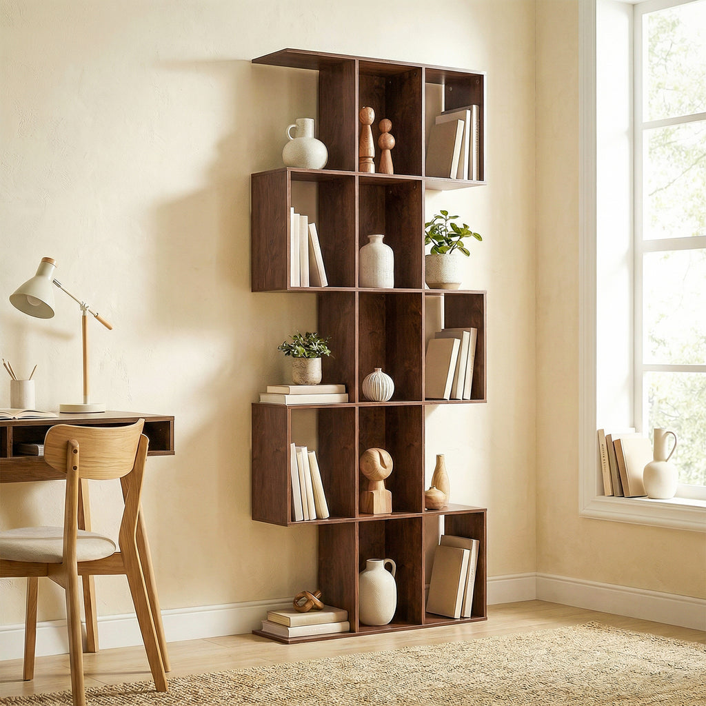 Ari 5-Tier S Shaped Geometric Bookshelf with 15 Compartments-Brown Wood Grain