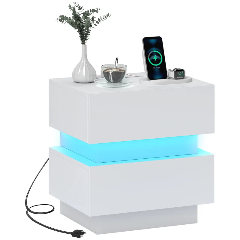 Emma Bedside Table with Charging Station and LED Light Modern Nightstand with USB Ports AC Outlets Drawers Remote, White