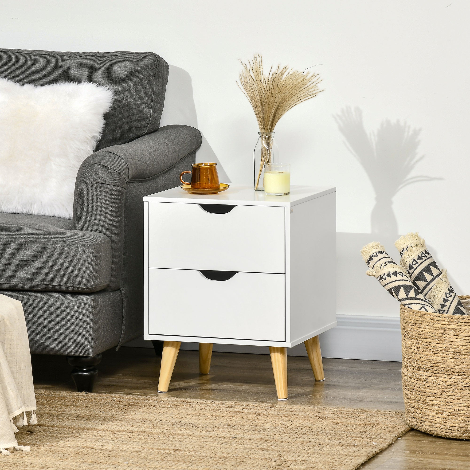 Jesse Modern Bedside Table, Nightstand with 2 Drawers and Pine Wood Legs for Bedroom, Living Room, White