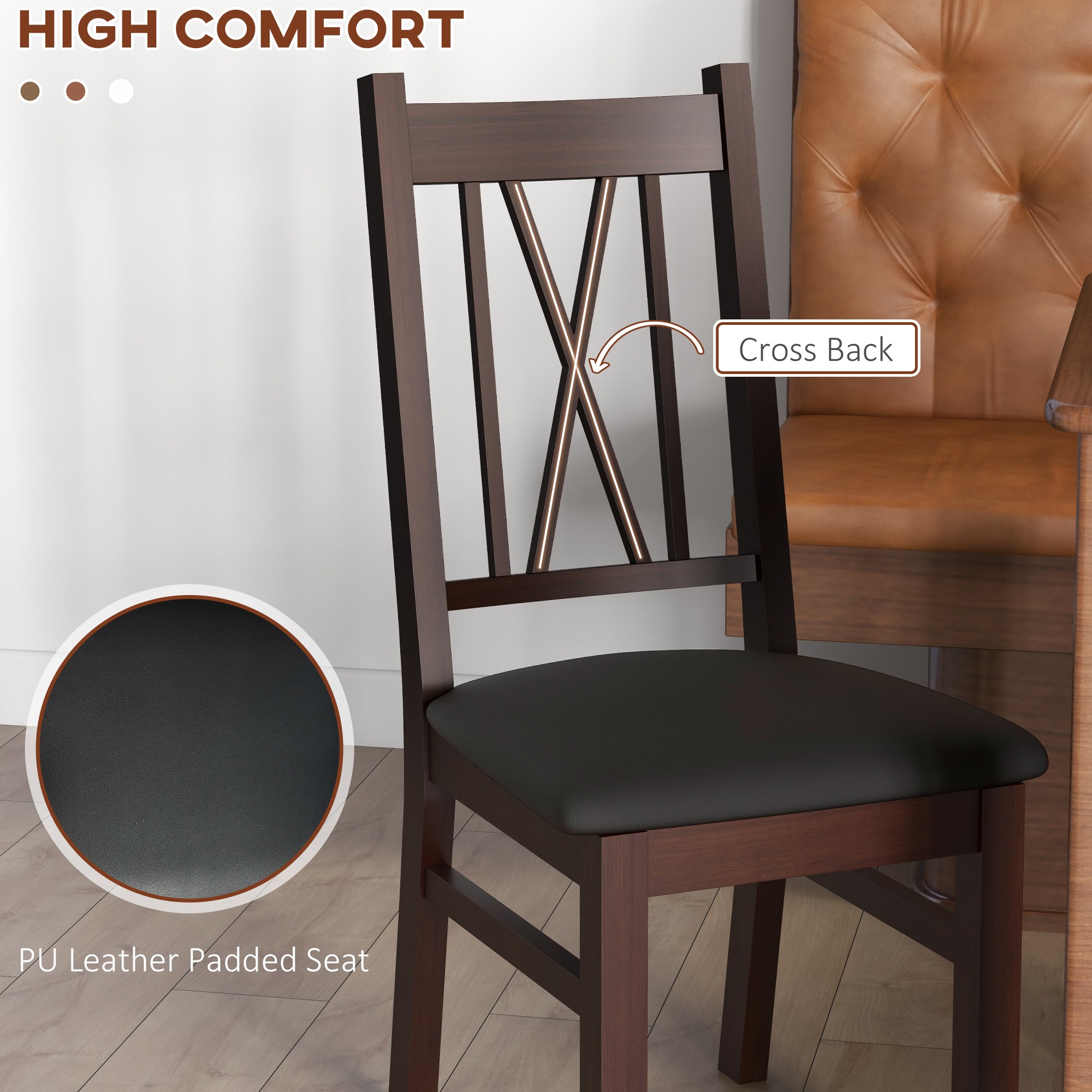 Parker Farmhouse Dining Table Chairs Set of 2, Pine Wood Kitchen Table Chairs with PU Leather Cushion for Living Room, Bedroom