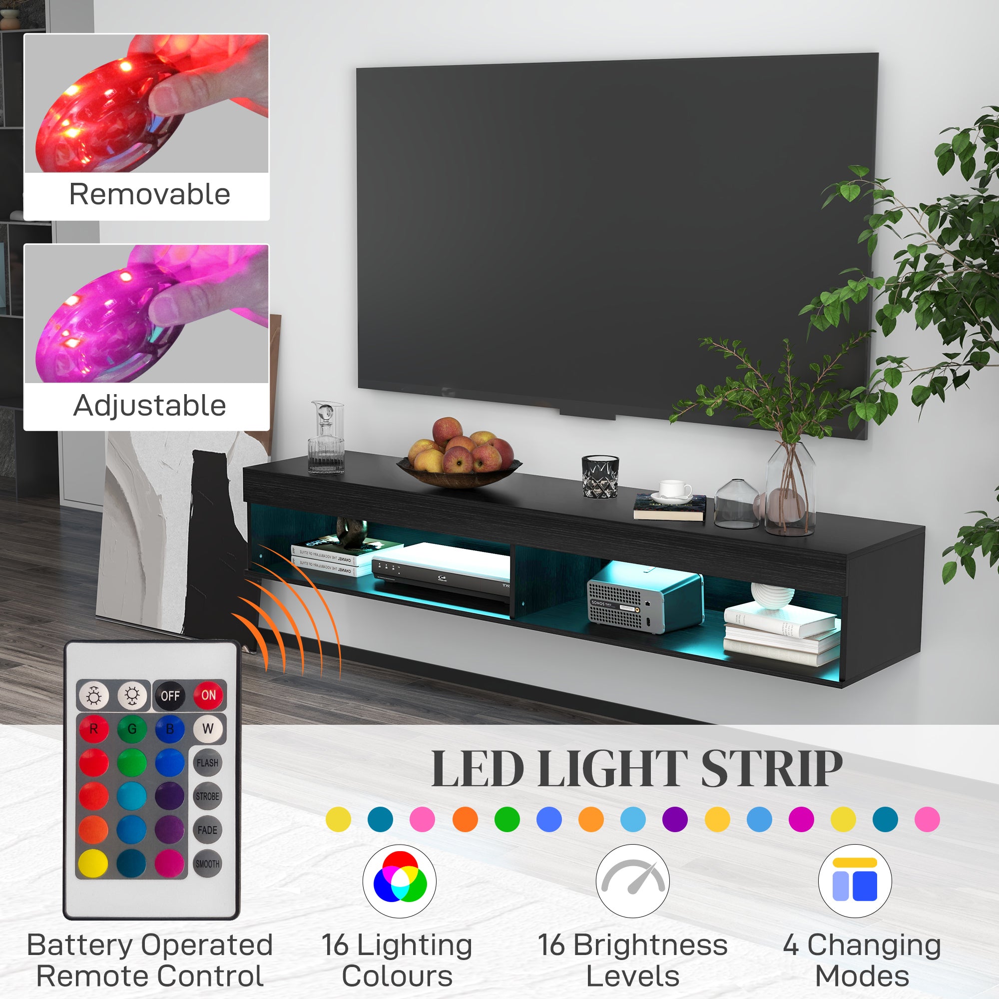 Lane Modern Wall Mounted TV Stand with Storage and LED Lights