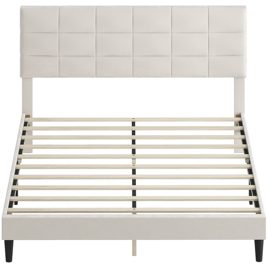 Harper Queen Size Bed Frame with Upholstered Headboard, Modern Platform Bed Frame with Wood Slats, 1100 lbs Capacity, Cream