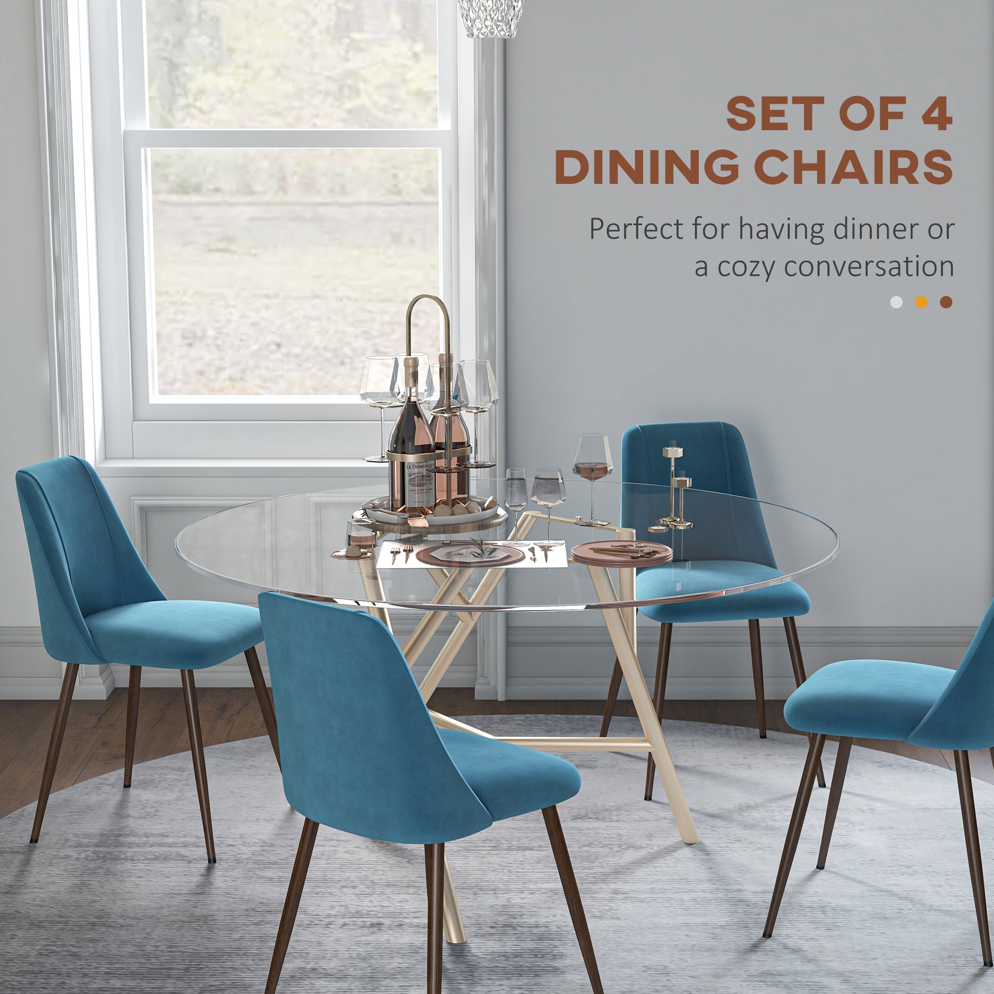 Rene Upholstered Dining Chairs Set of 4, Velvet Accent Chair with Back and Wood-grain Steel Leg for Kitchen, Blue