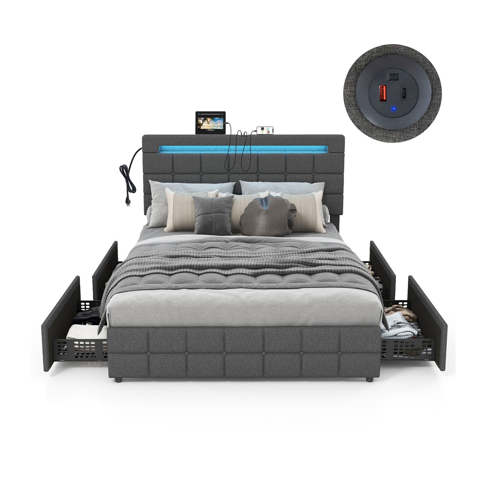 Austin upholstered full size bed frame with LED