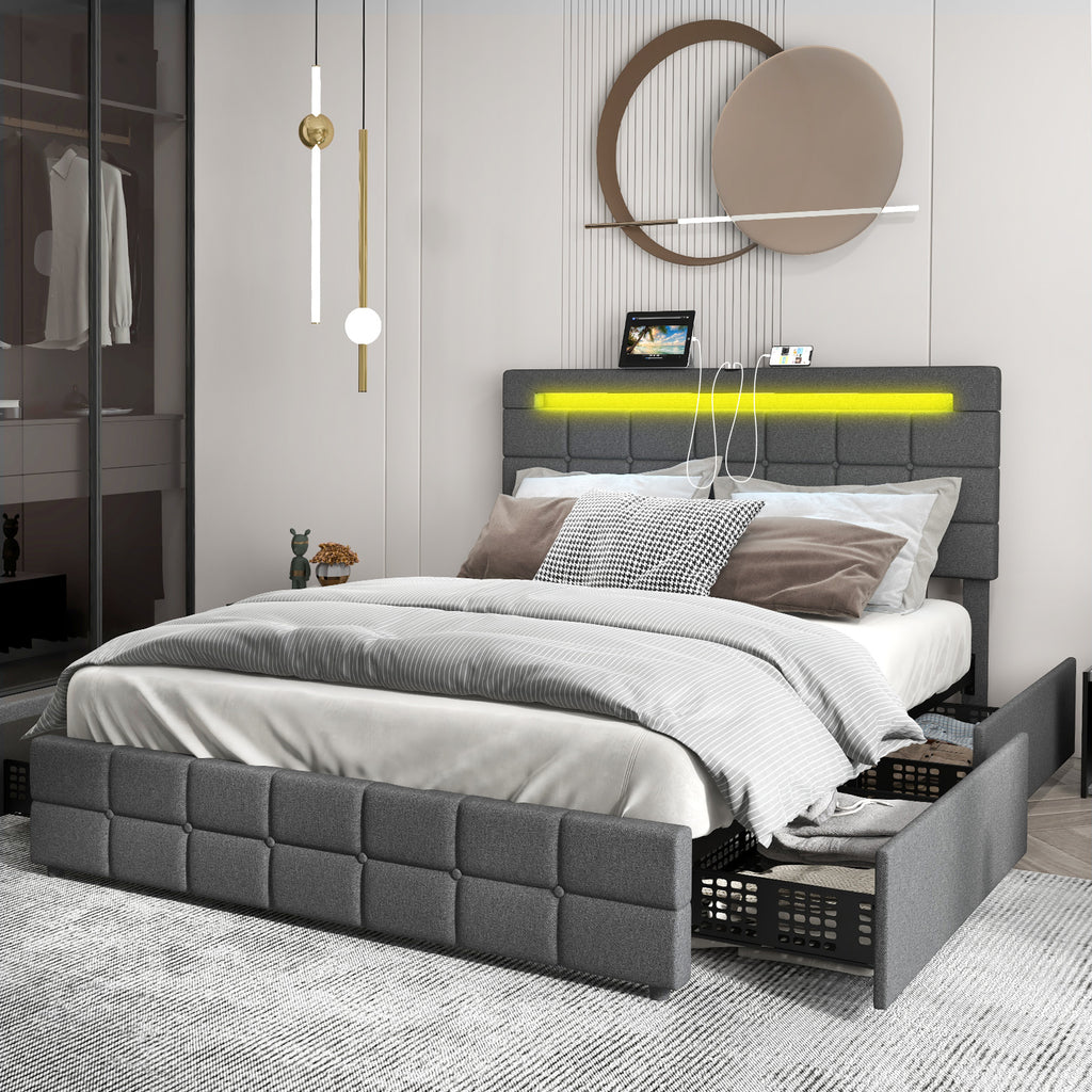 Austin Upholstered LED Bed Frame with Headboard and 4 Drawers-Full Size