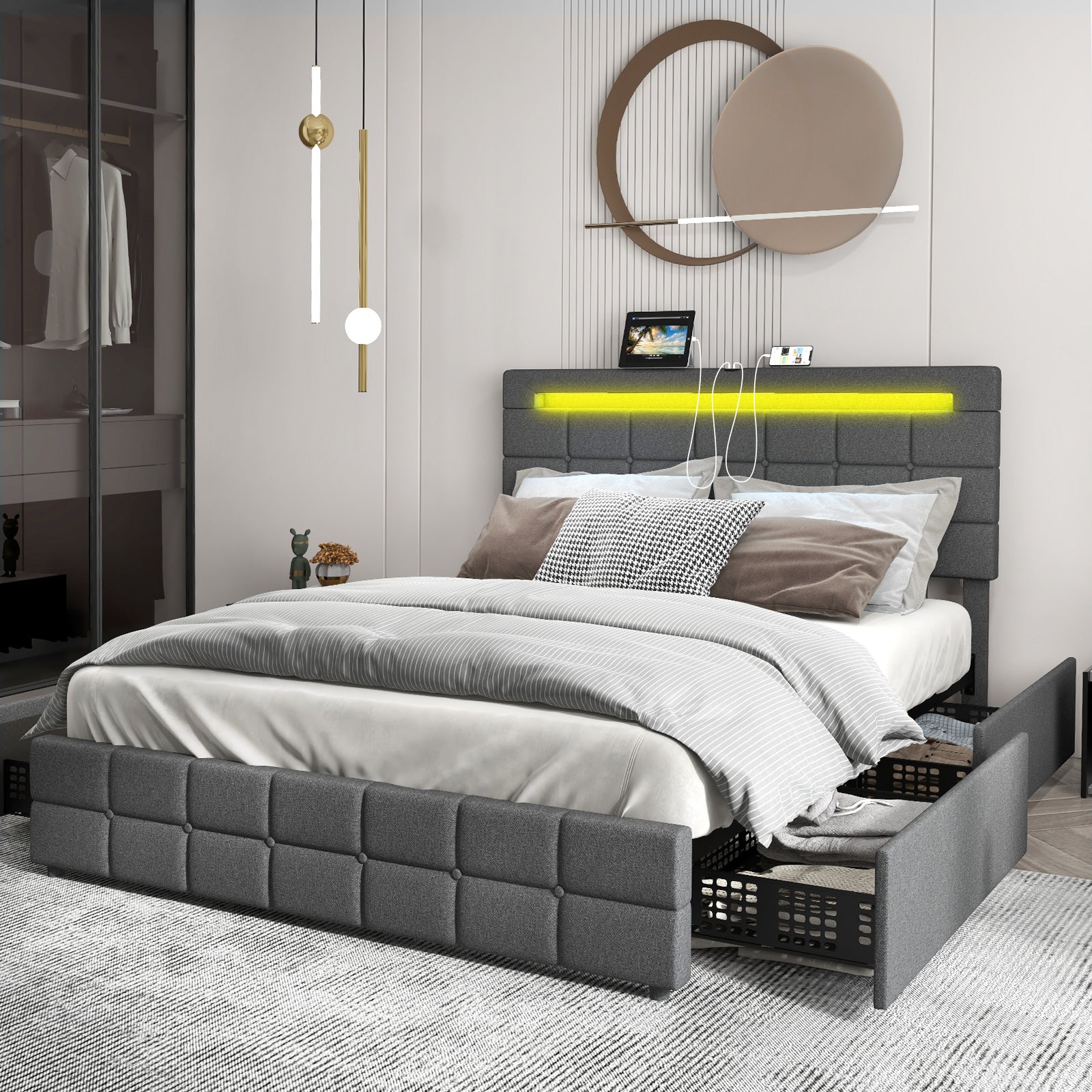 Austin Upholstered LED Bed Frame with Headboard and 4 Drawers-Full Size