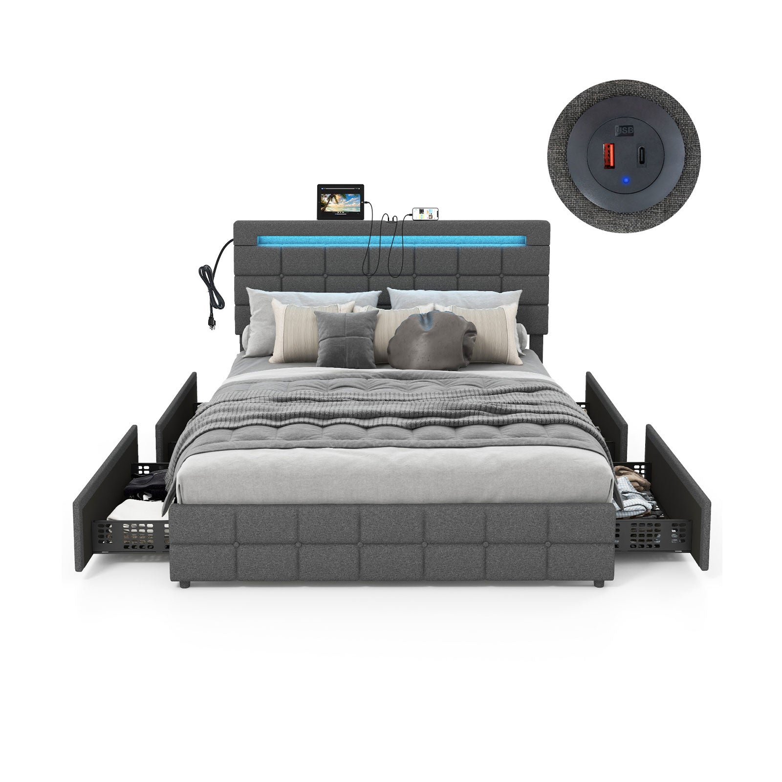 Austin upholstered queen bed frame with LED