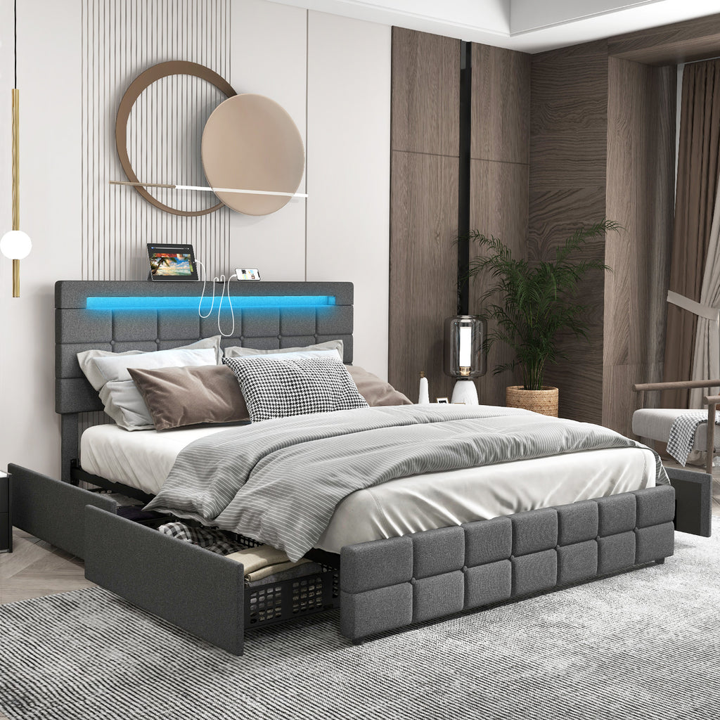 Austin Upholstered Queen LED Bed Frame with Headboard & 4 Drawers-Grey