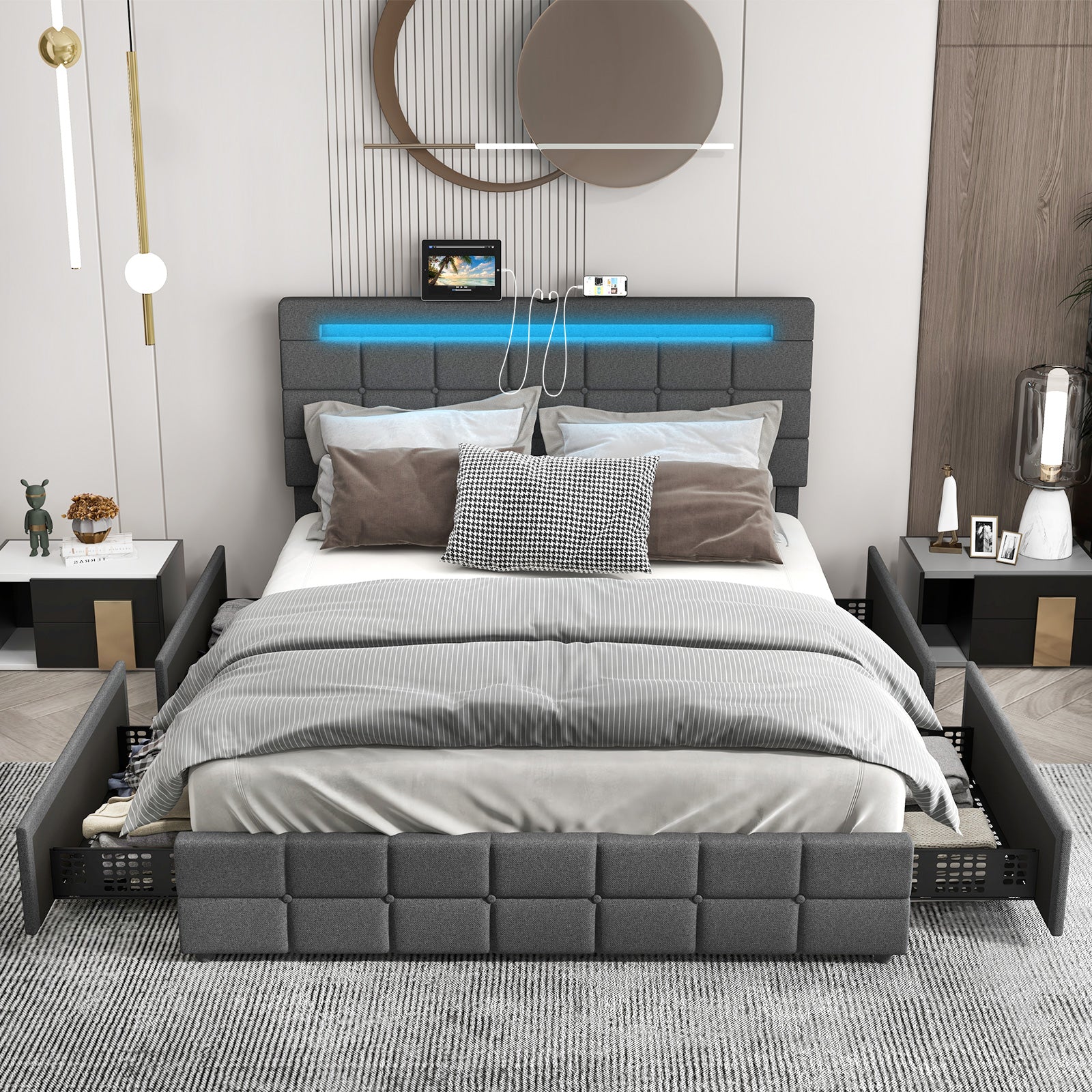 Austin Upholstered Queen LED Bed Frame with Headboard & 4 Drawers-Grey