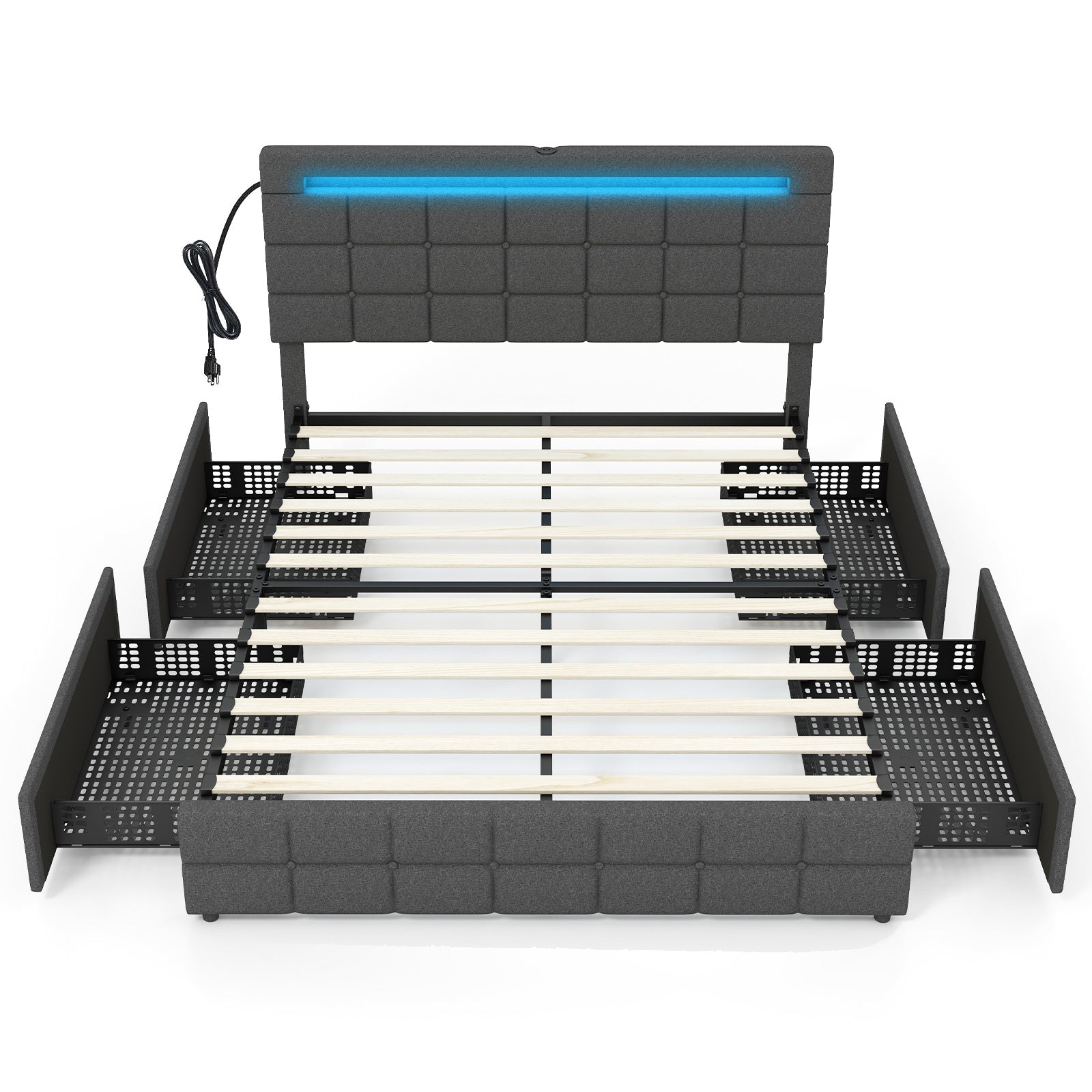 Austin Upholstered Queen LED Bed Frame with Headboard & 4 Drawers-Grey