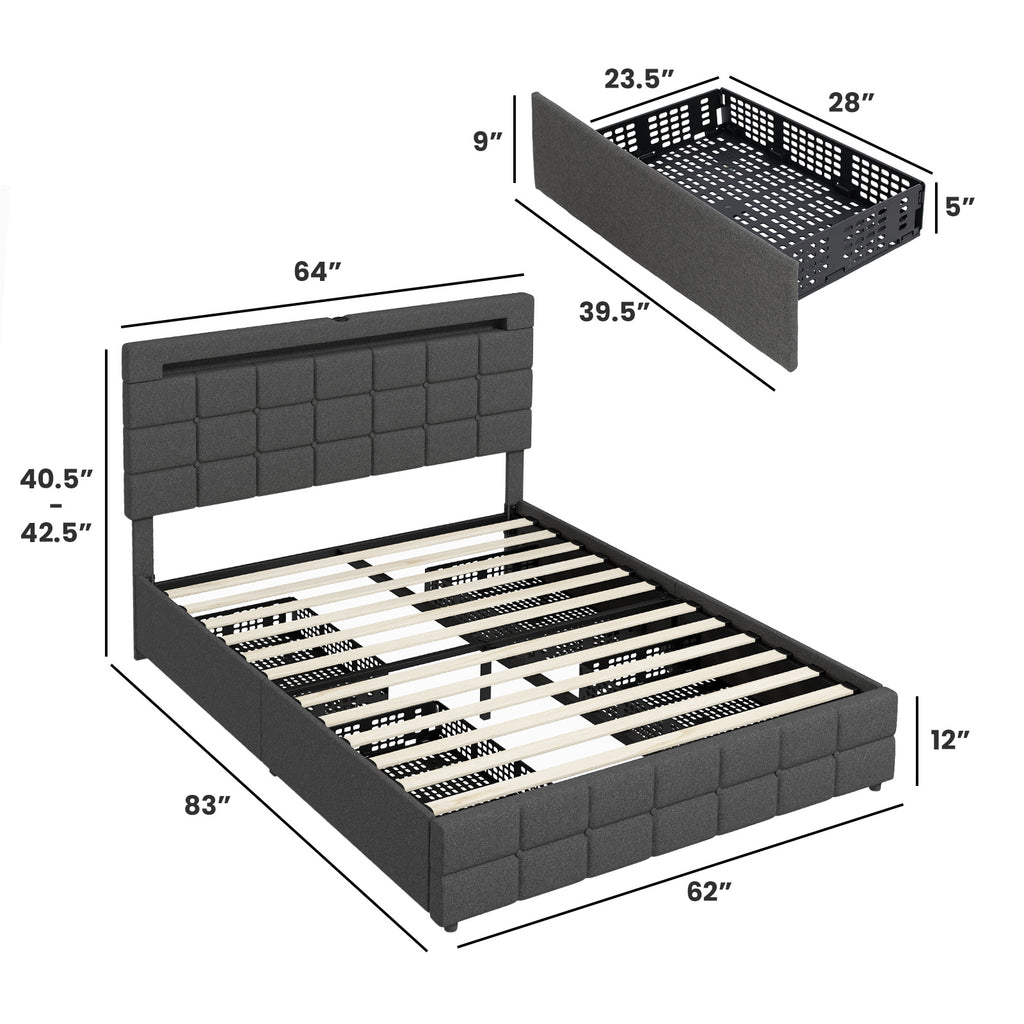 Austin Upholstered Queen LED Bed Frame with Headboard & 4 Drawers-Grey