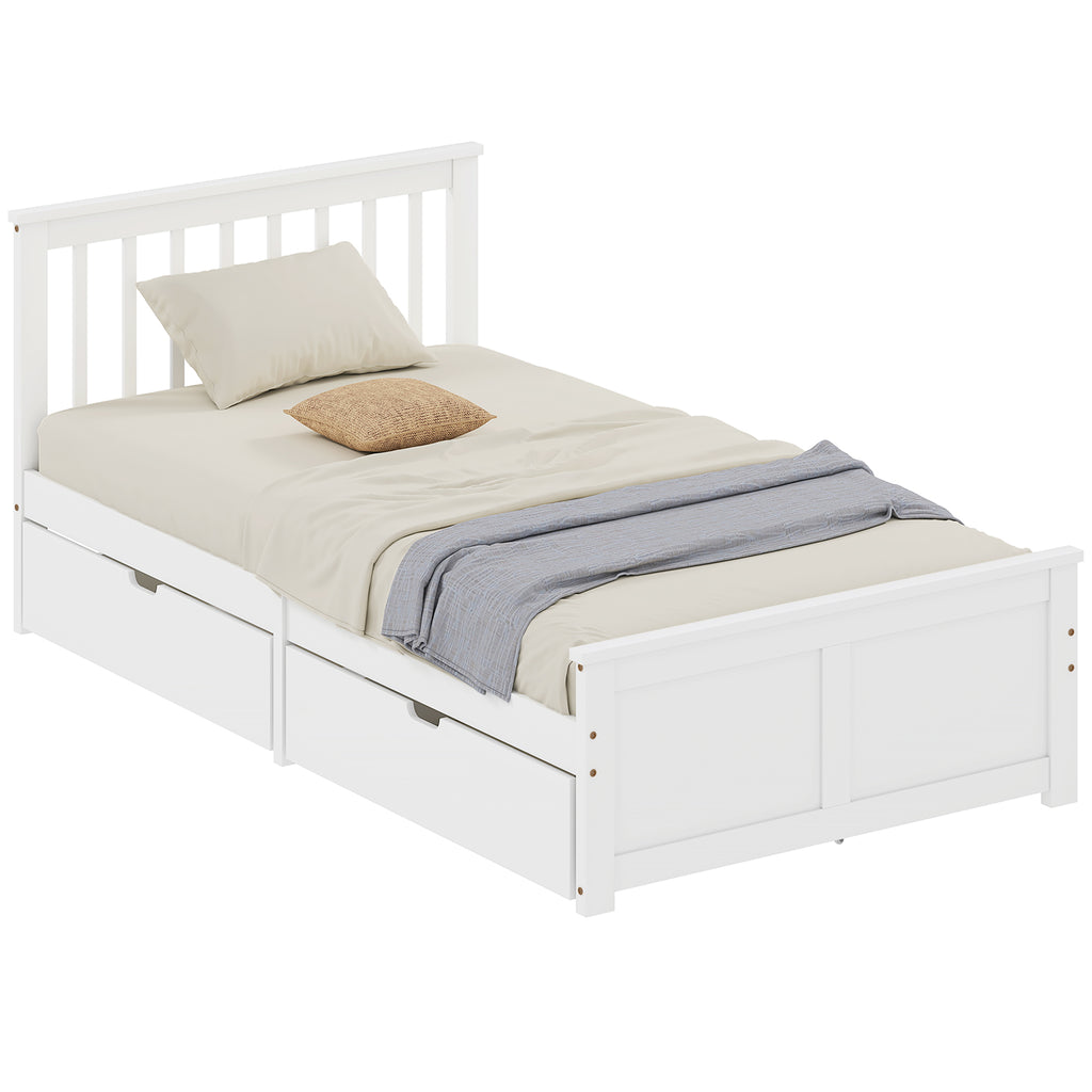 Leo Pine Twin Bed Frame, Wood Storage Bed Frame with Drawers, Wood Slat Support, No Box Spring Needed, Easy Assembly, White