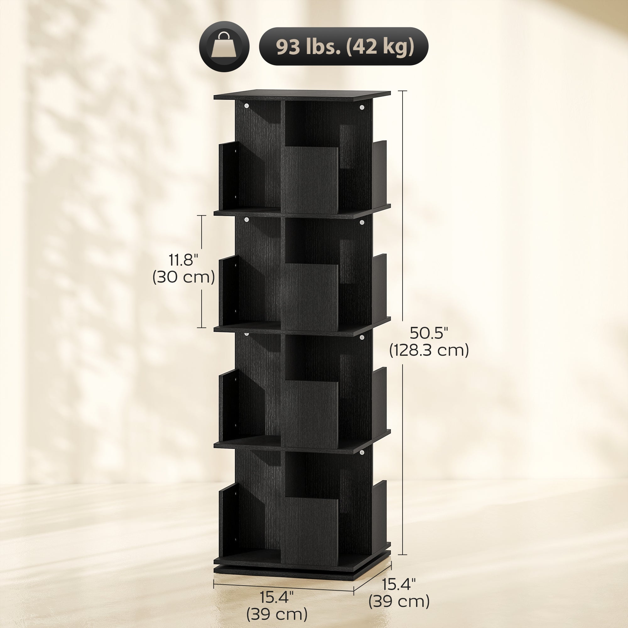 Brett 360 Rotating 4 Tier Bookshelf with with Anti-Tipping Straps and Anti-Slip Pads  for Books, Plants, Decorations-Black