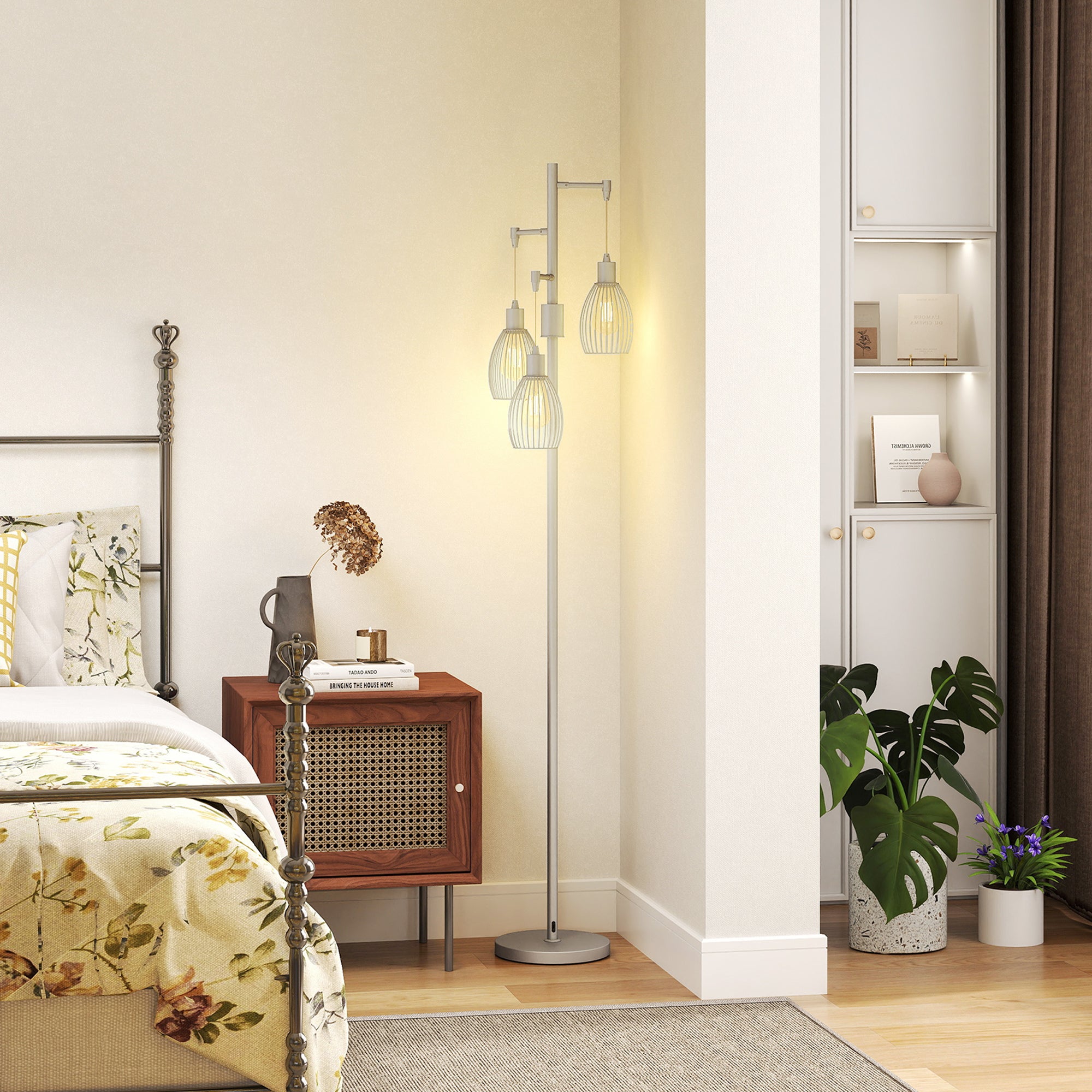 Carmen Dimmable Floor Lamp with 3 Hanging Wire Lampshades-Silver