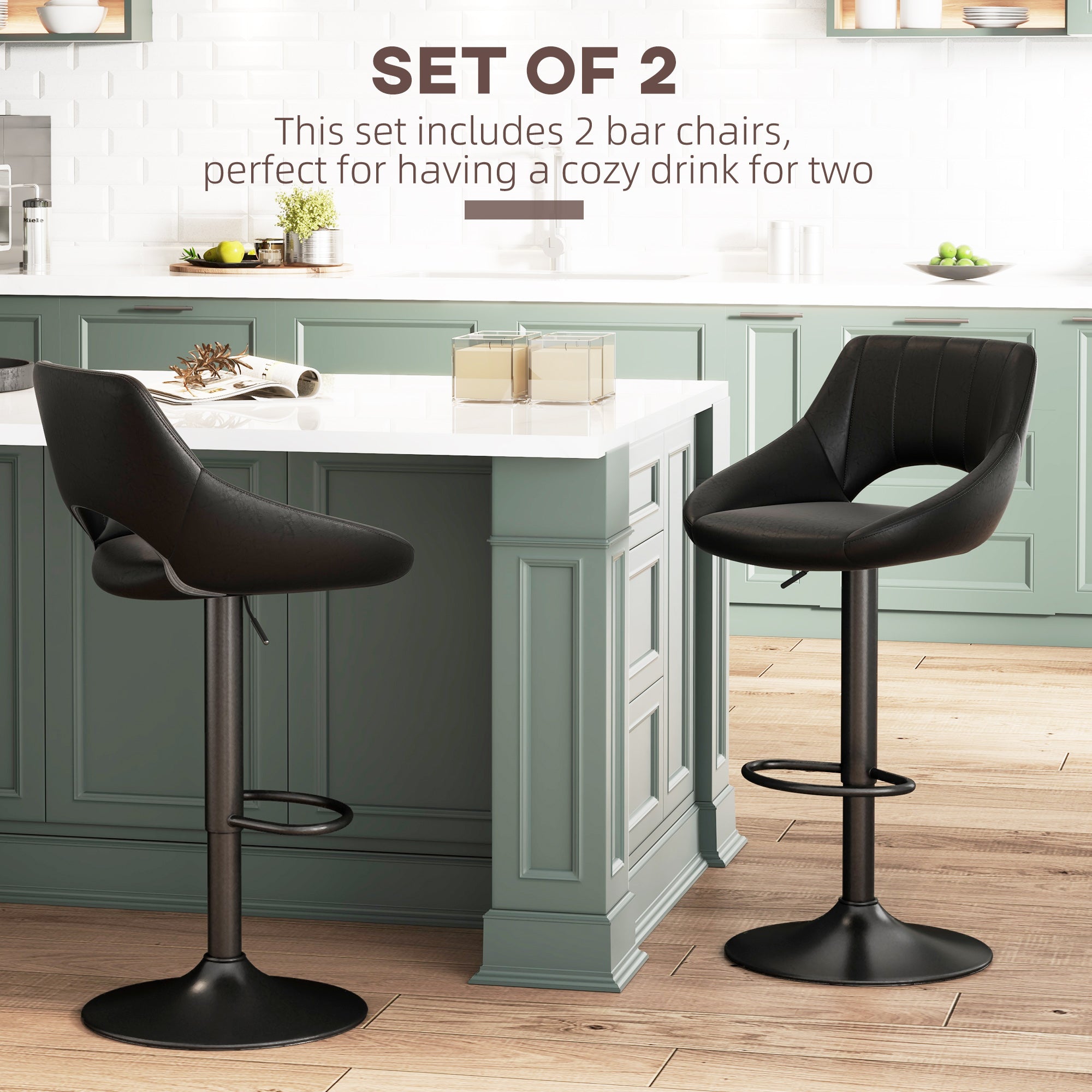 Cody Set of 2 Swivel and Adjustable height Counter/Barstools with Faux-Leather Upholstery-Black