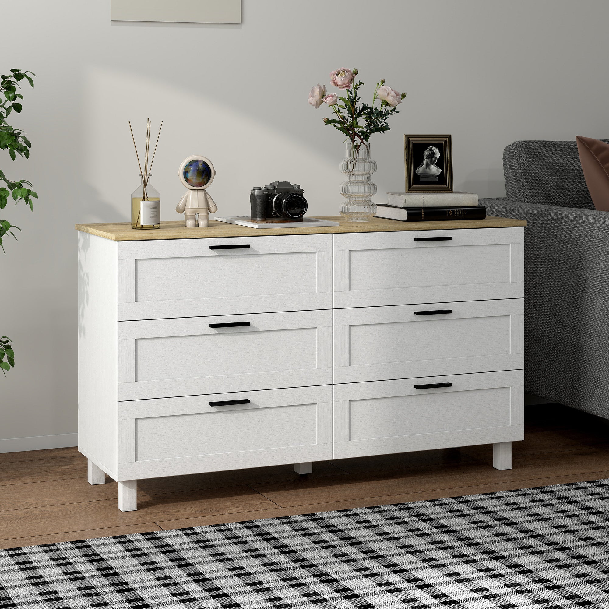 Martha 47" Wide Modern Dresser with 6 Drawers and Wood Legs for Bedroom, Living Room, Entryway, White