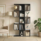Ari 5-Tier S Shaped Geometric Bookshelf with 15 Compartments-Black