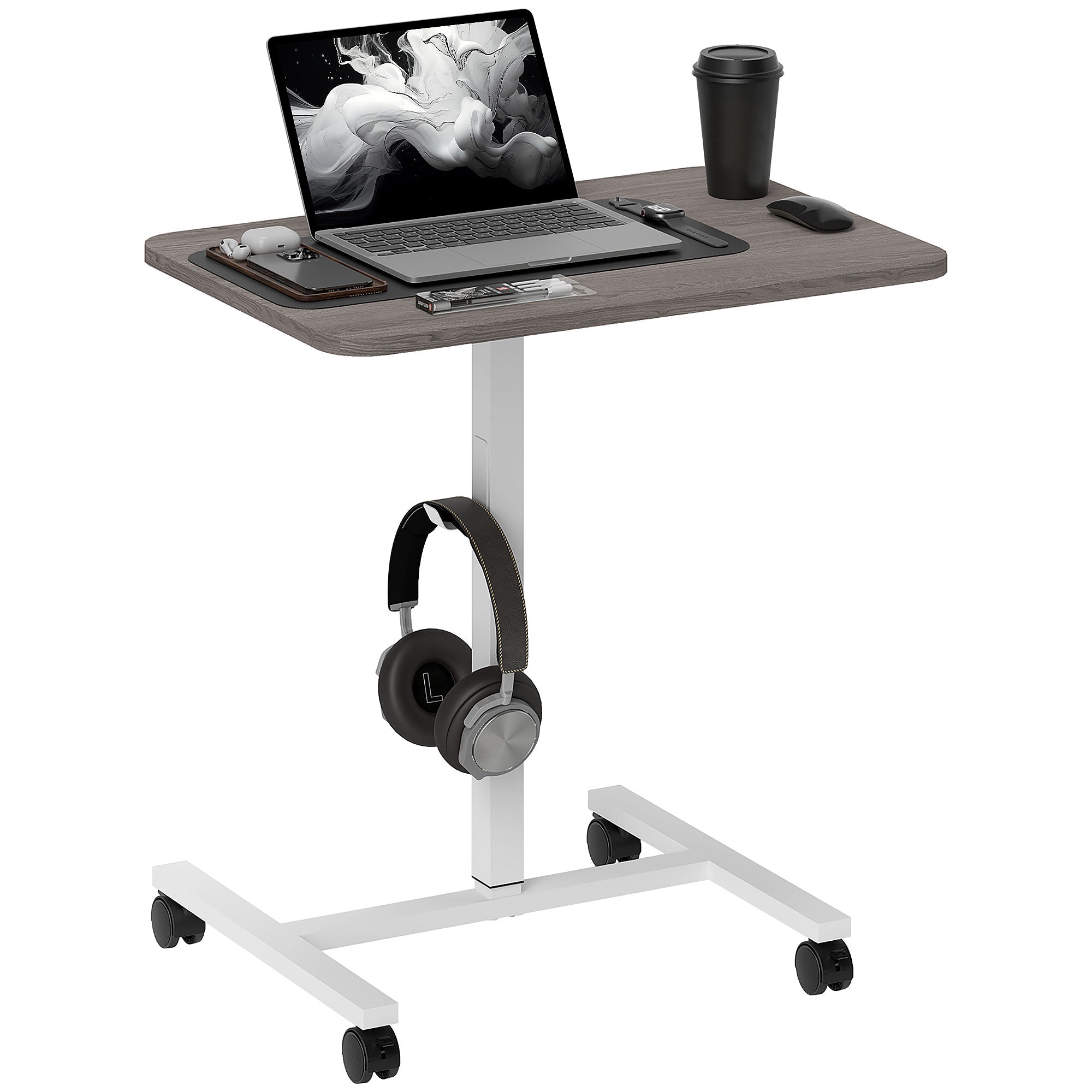 Eden Height Adjustable Standing Desk, Pneumatic Sit Stand Desk with Wheels and Headphone Hook for Home Office, Grey