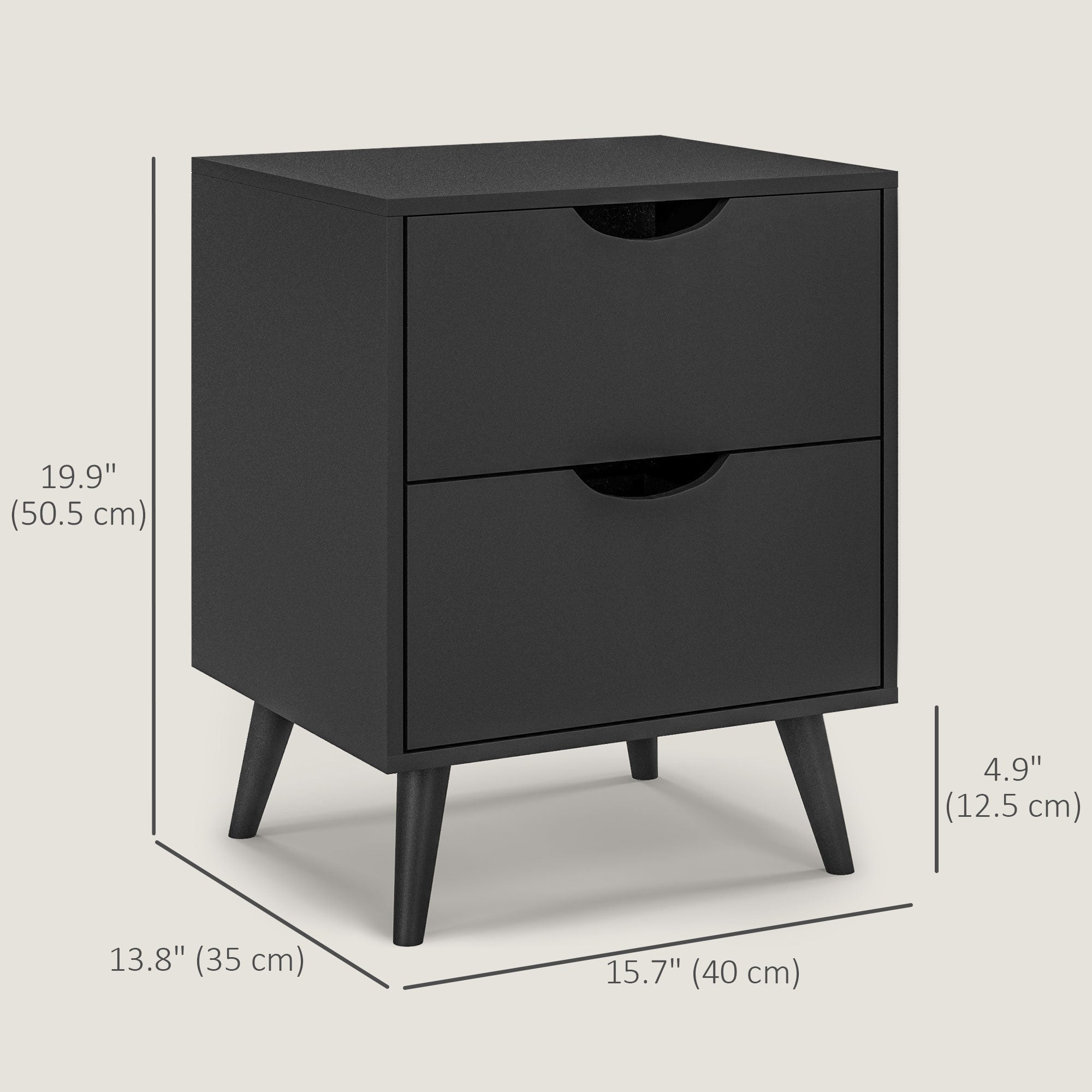 Jesse Modern Bedside Table, Nightstand with 2 Drawers and Pine Wood Legs for Bedroom, Living Room, Black