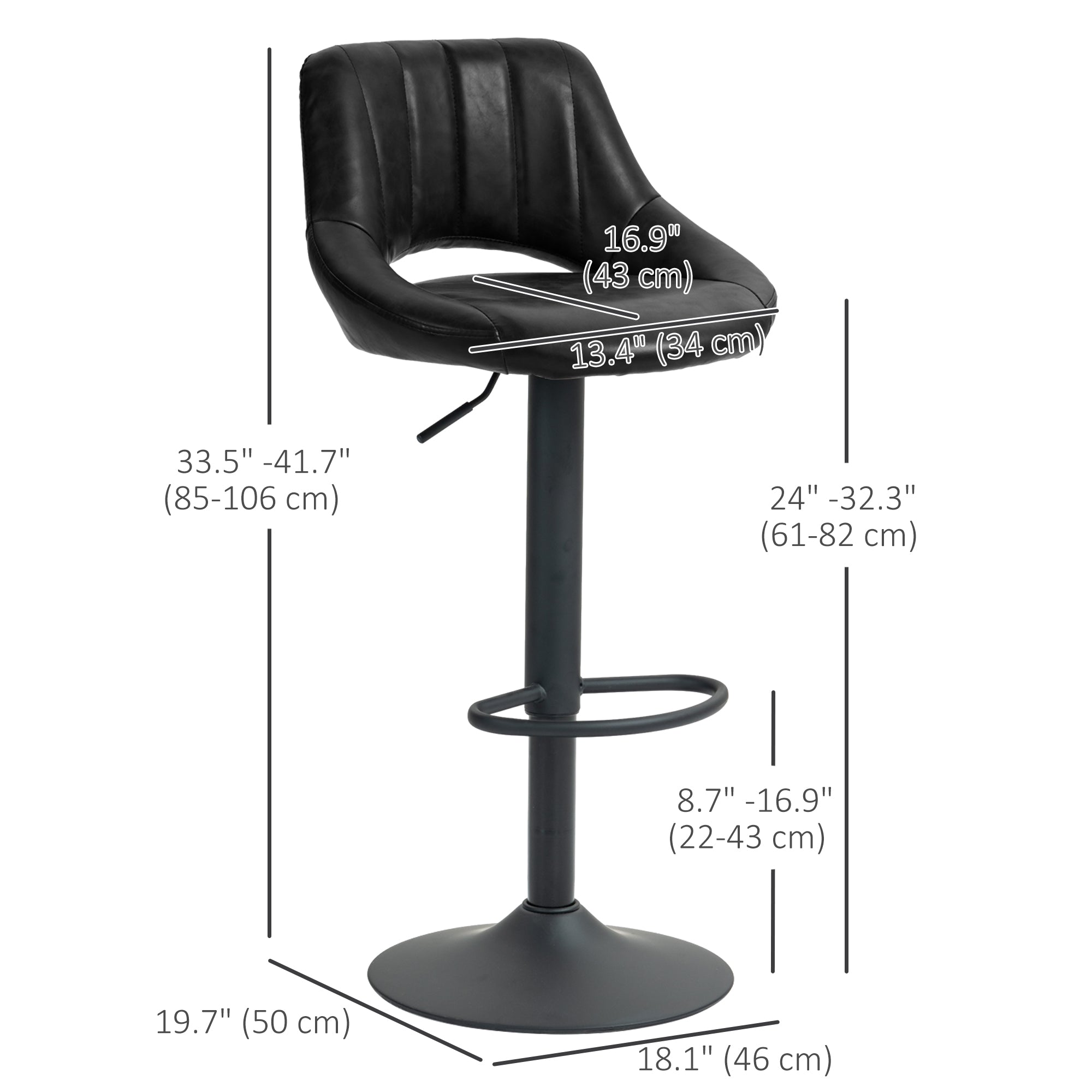 Cody Set of 2 Swivel and Adjustable height Counter/Barstools with Faux-Leather Upholstery-Black