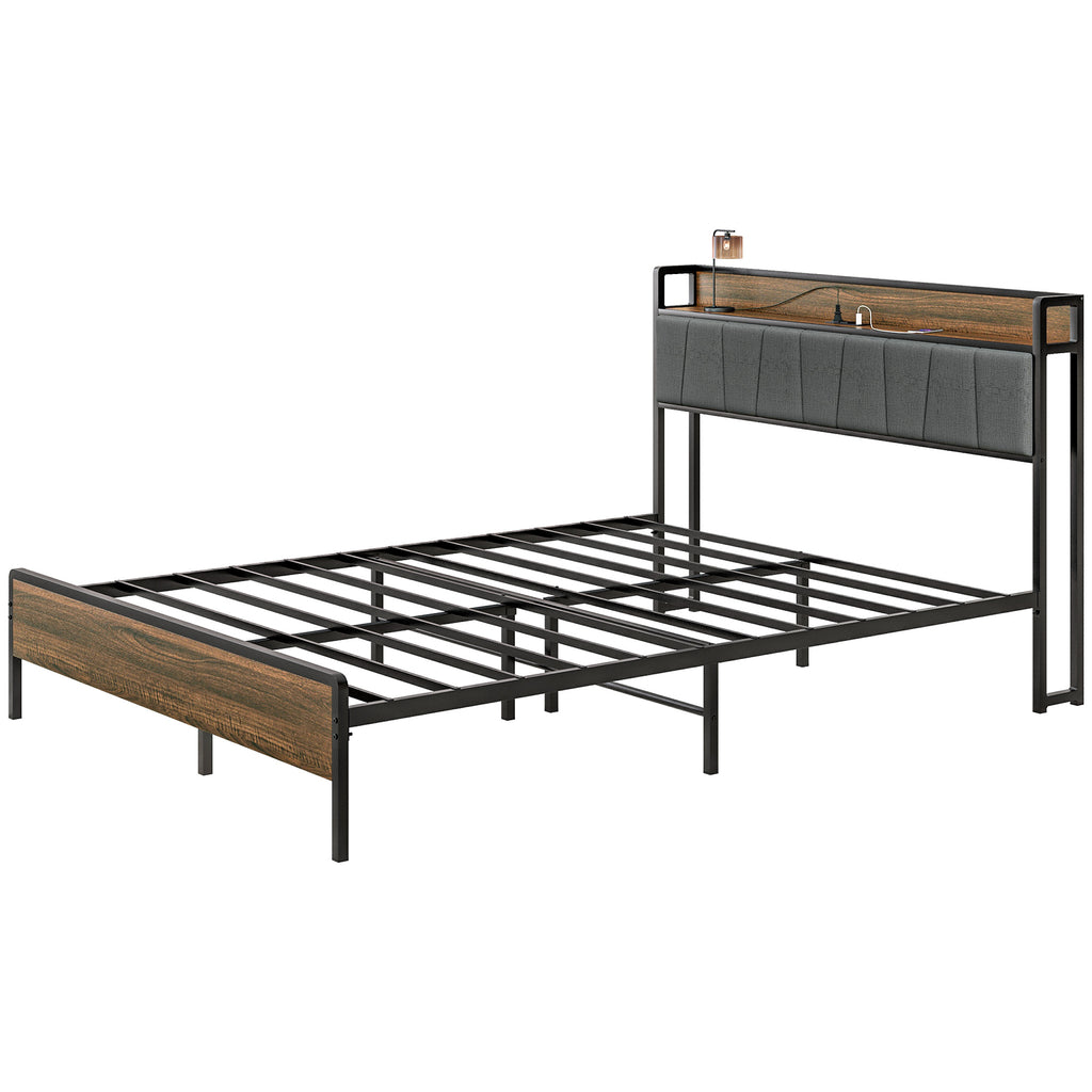 Robin Queen Size Bed Frame with Charging Station, Queen Bed Frame with Upholstered Headboard and Storage Shelf, Walnut