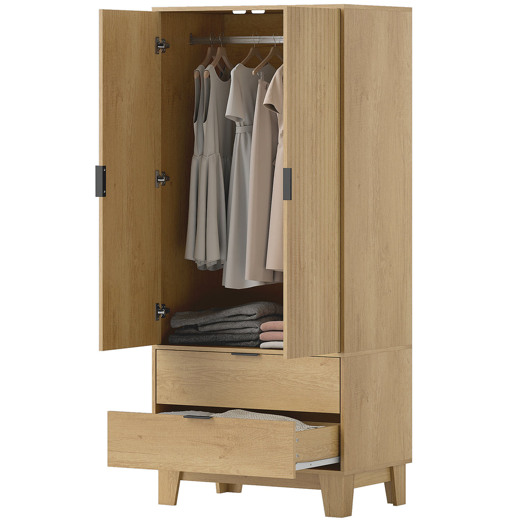 Alexis Modern Wardrobe Closet, Freestanding Armoire with Soft-Close Doors, 2 Drawers and Hanging Rod for Bedroom, Natural