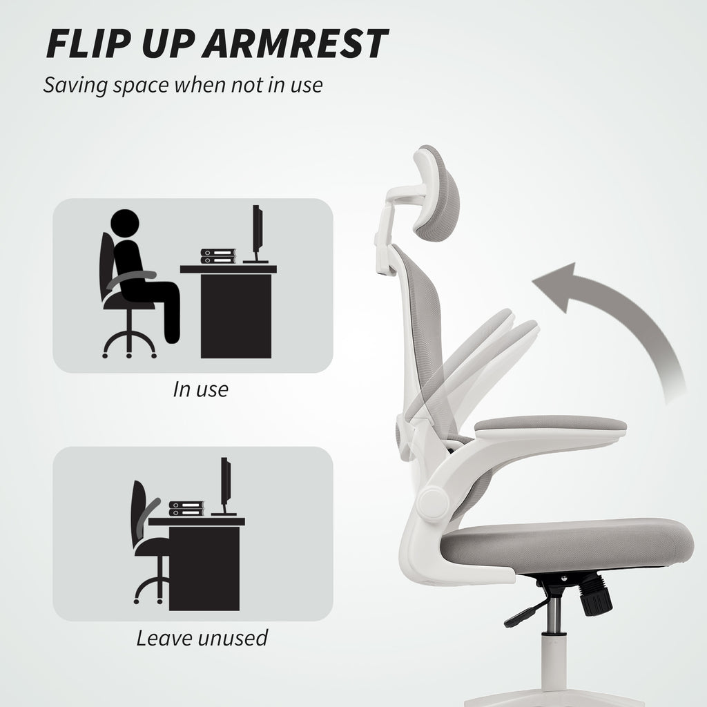 Owen Ergonomic Mesh Office Chair, High Back Desk Chair with Rotatable Headrest, Flip-Up Armrests, Lumbar Support, Grey