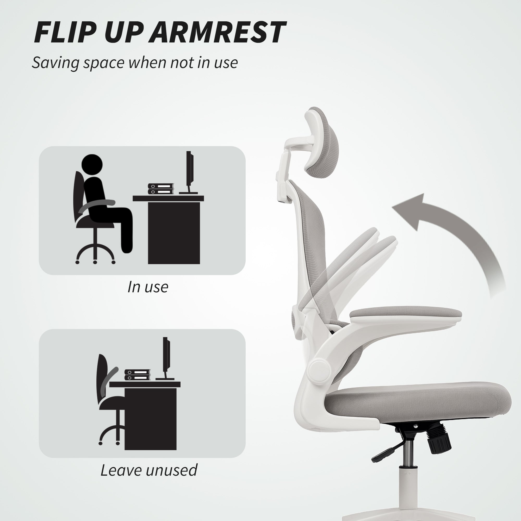 Owen Ergonomic Mesh Office Chair, High Back Desk Chair with Rotatable Headrest, Flip-Up Armrests, Lumbar Support, Grey