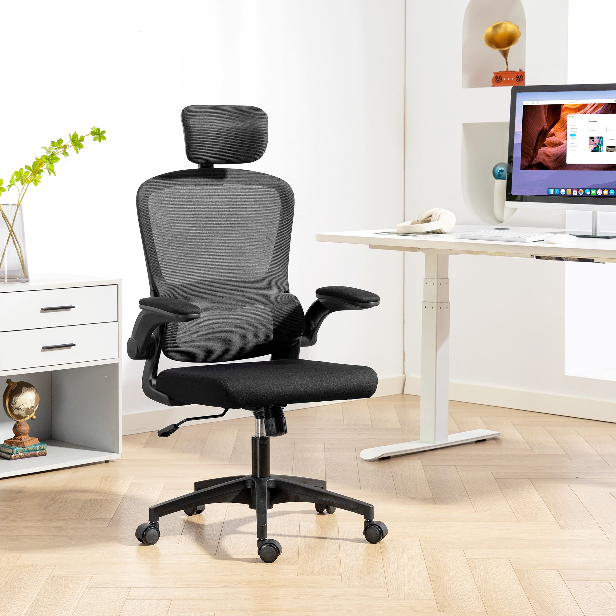 Owen Ergonomic Mesh Office Chair, High Back Desk Chair with Rotatable Headrest, Flip-Up Armrests, Lumbar Support, Black