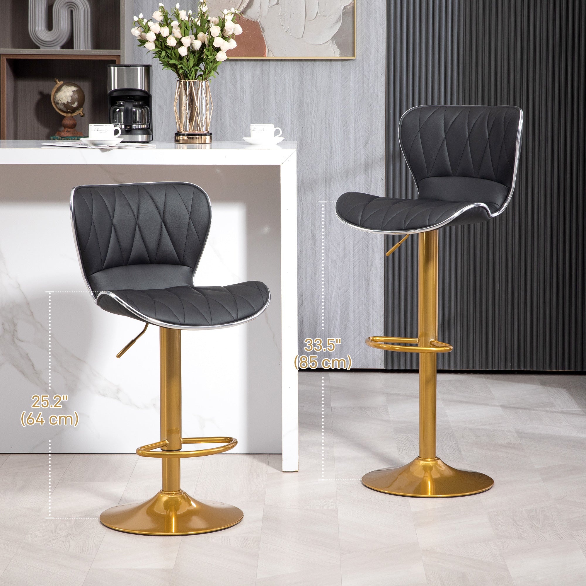 Maxi Counter Height Bar Stools Set of 2, Adjustable Height Bar Chairs with Swivel Seat, Leather Upholstery-Black/Gold