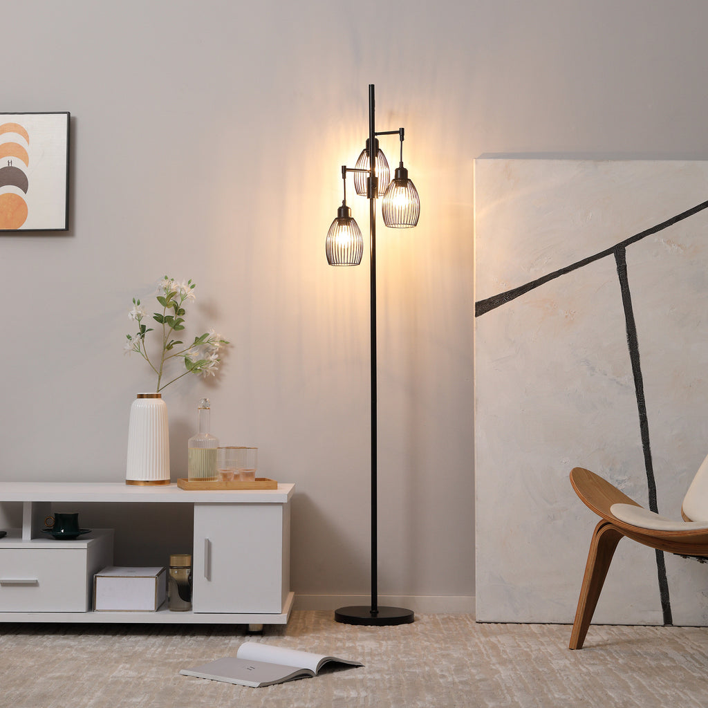Carmen Dimmable Floor Lamp with 3 Hanging Wire Lampshades-Black