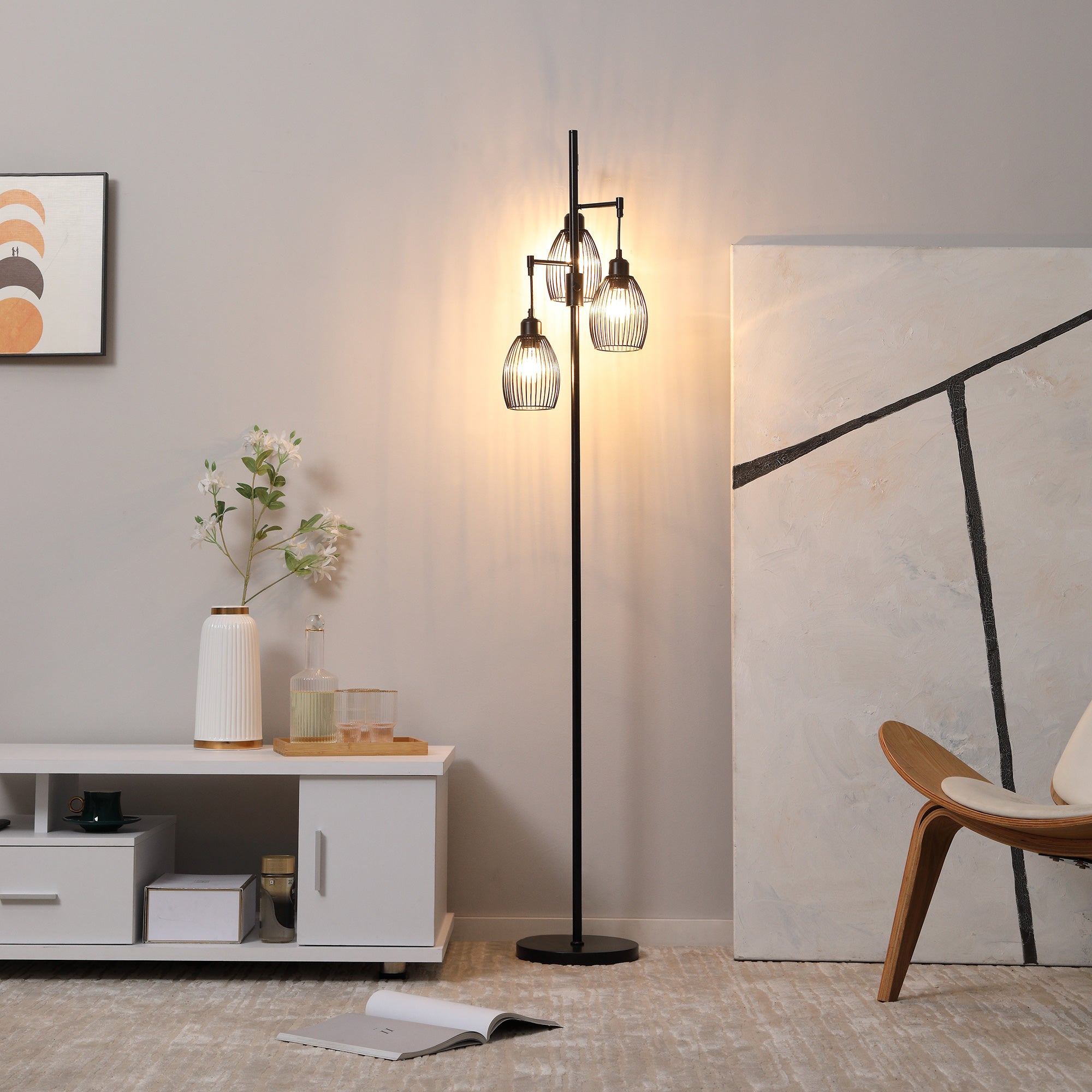 Carmen Dimmable Floor Lamp with 3 Hanging Wire Lampshades-Black